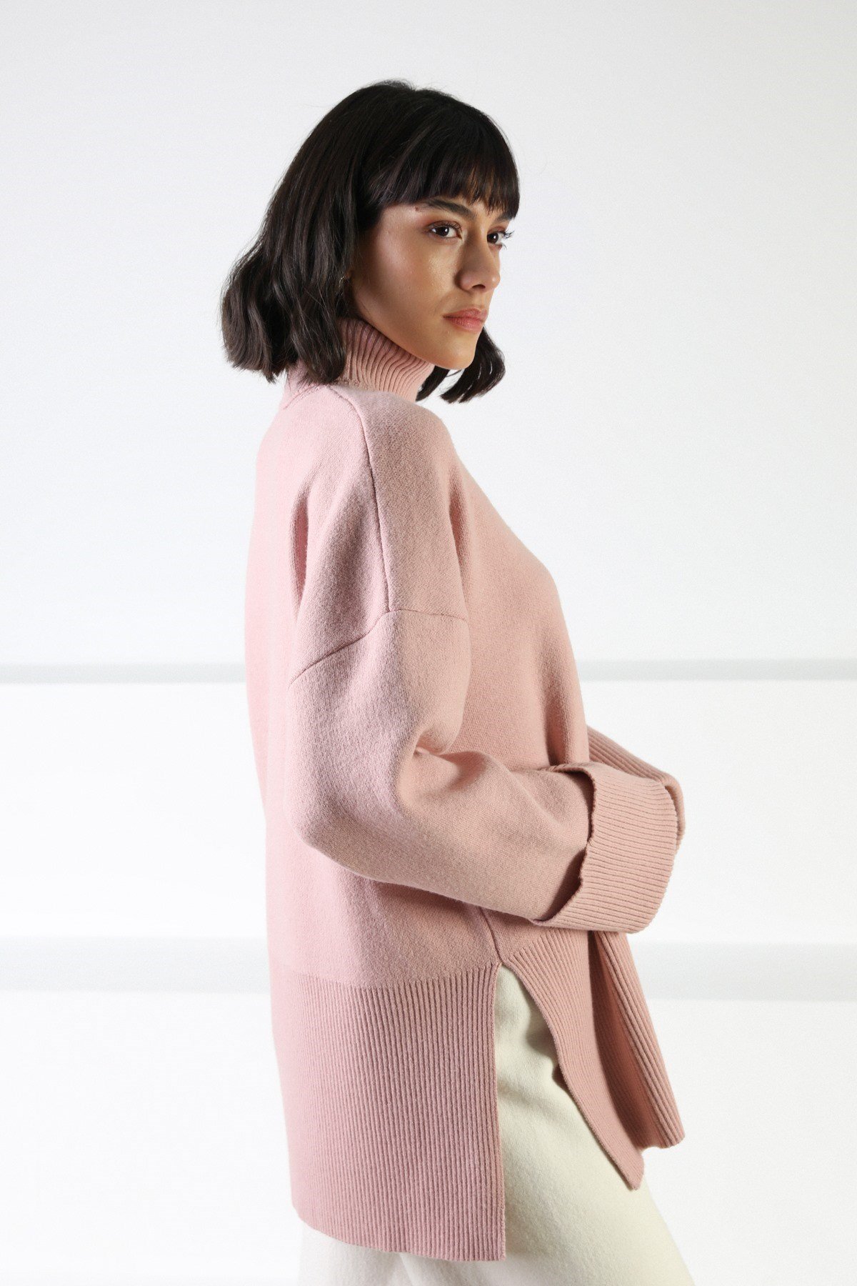 Ferraro Pembe Uzun Kollu Balıkçı Yaka Kaşmirli Kadın Triko Kazak