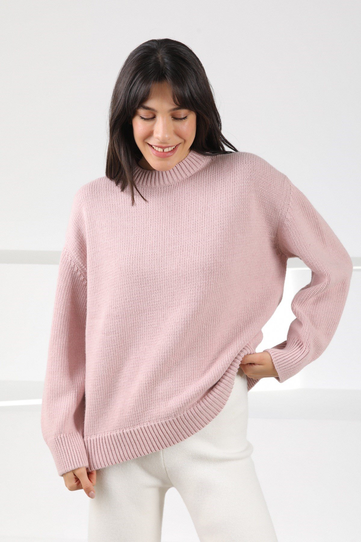 Ferraro Pembe Uzun Kollu Bisiklet Yaka Kaşmirli Kadın Triko Kazak