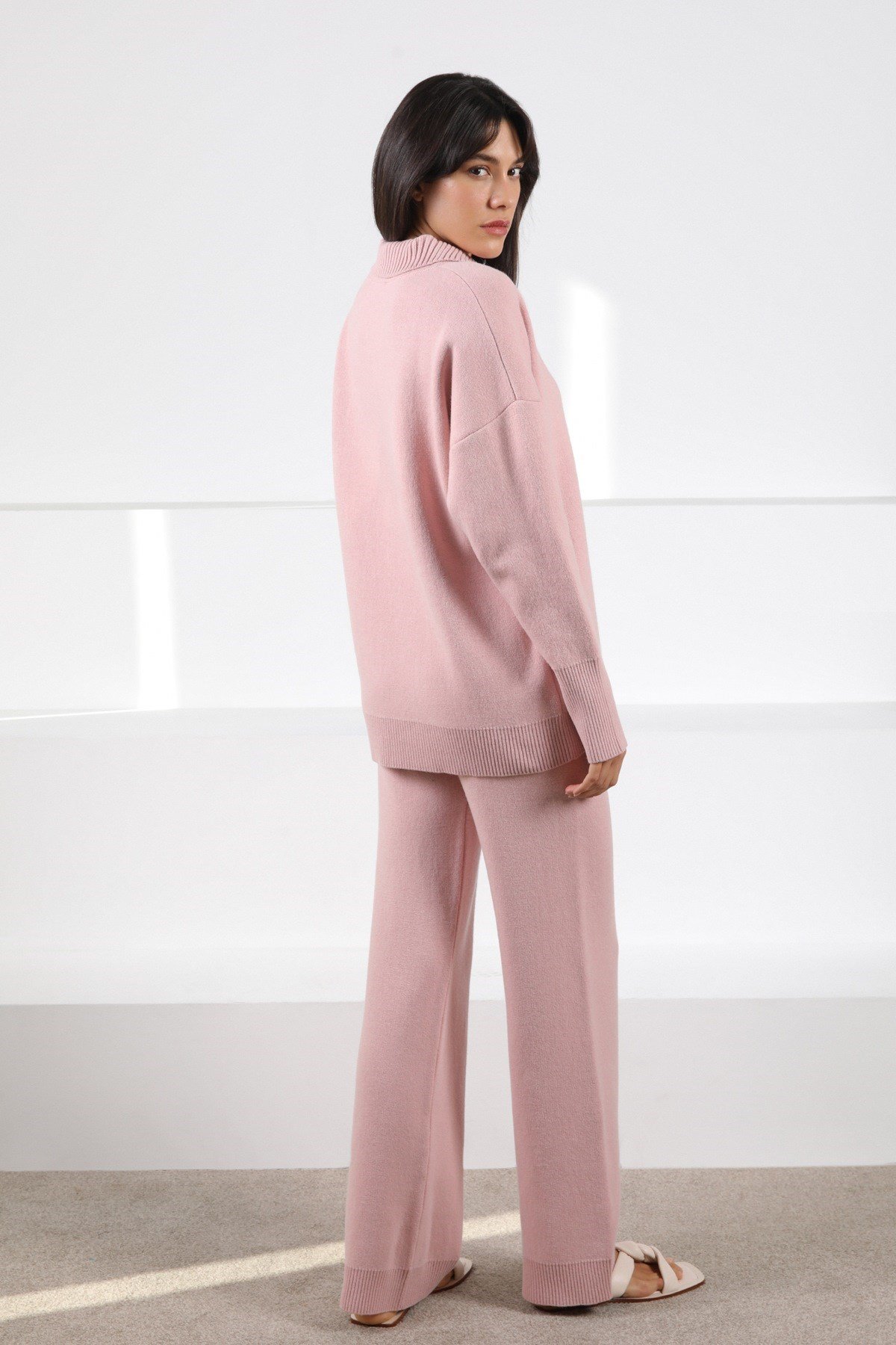 Ferraro Pembe Uzun Kollu Polo Yaka Kaşmirli Kadın Triko Kazak