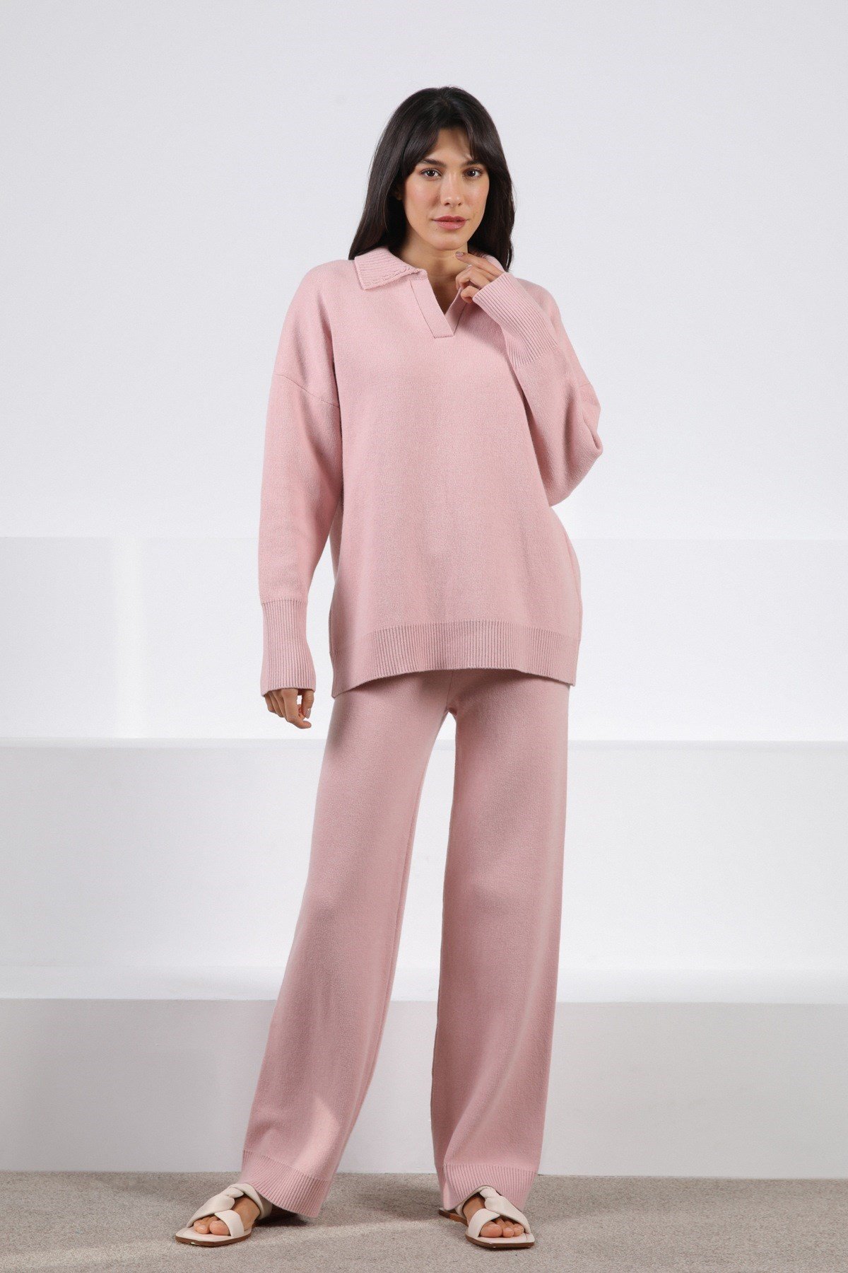 Ferraro Pembe Uzun Kollu Polo Yaka Kaşmirli Kadın Triko Kazak