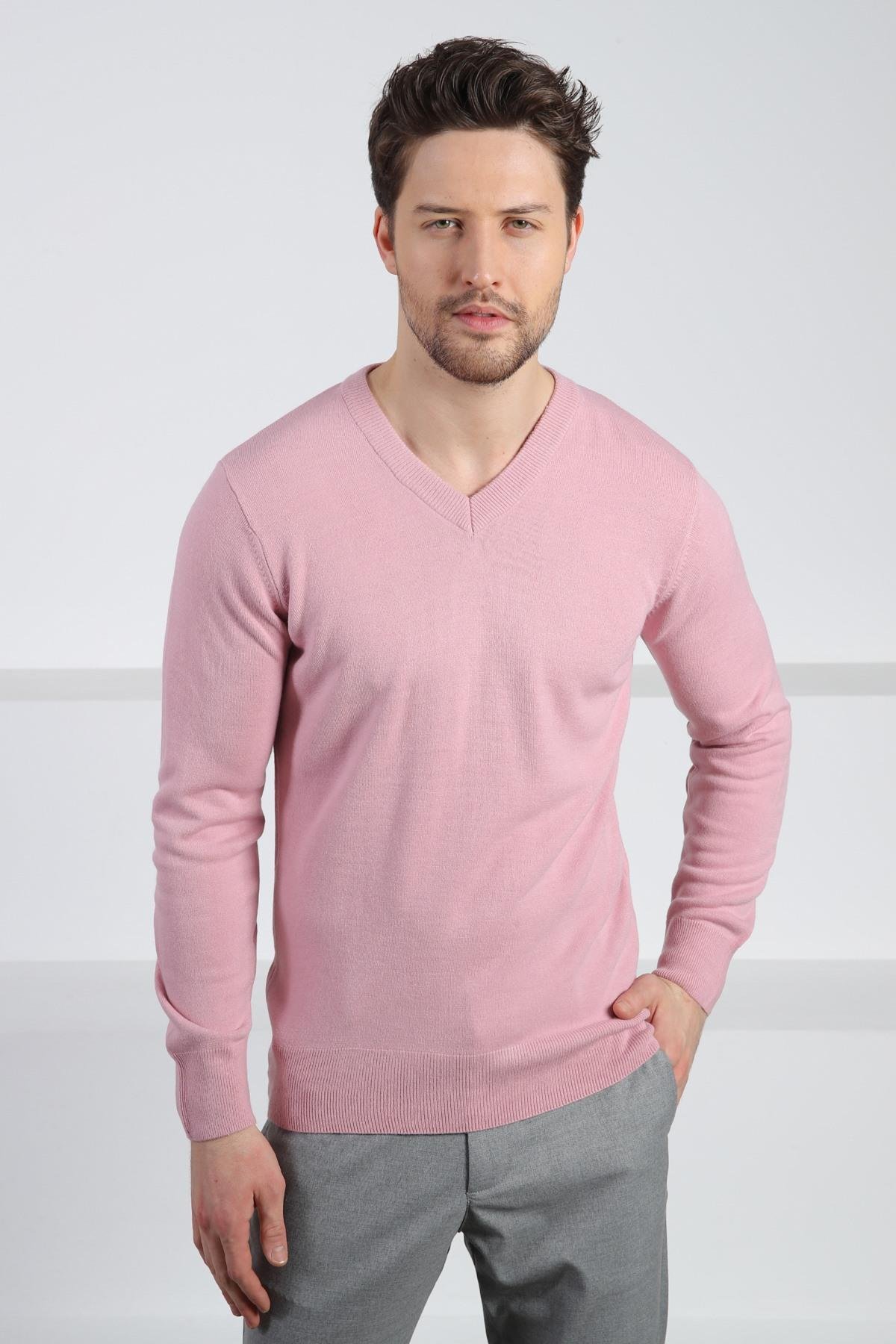 Ferraro Pembe V Yaka Erkek Uzun Kollu Triko Kazak