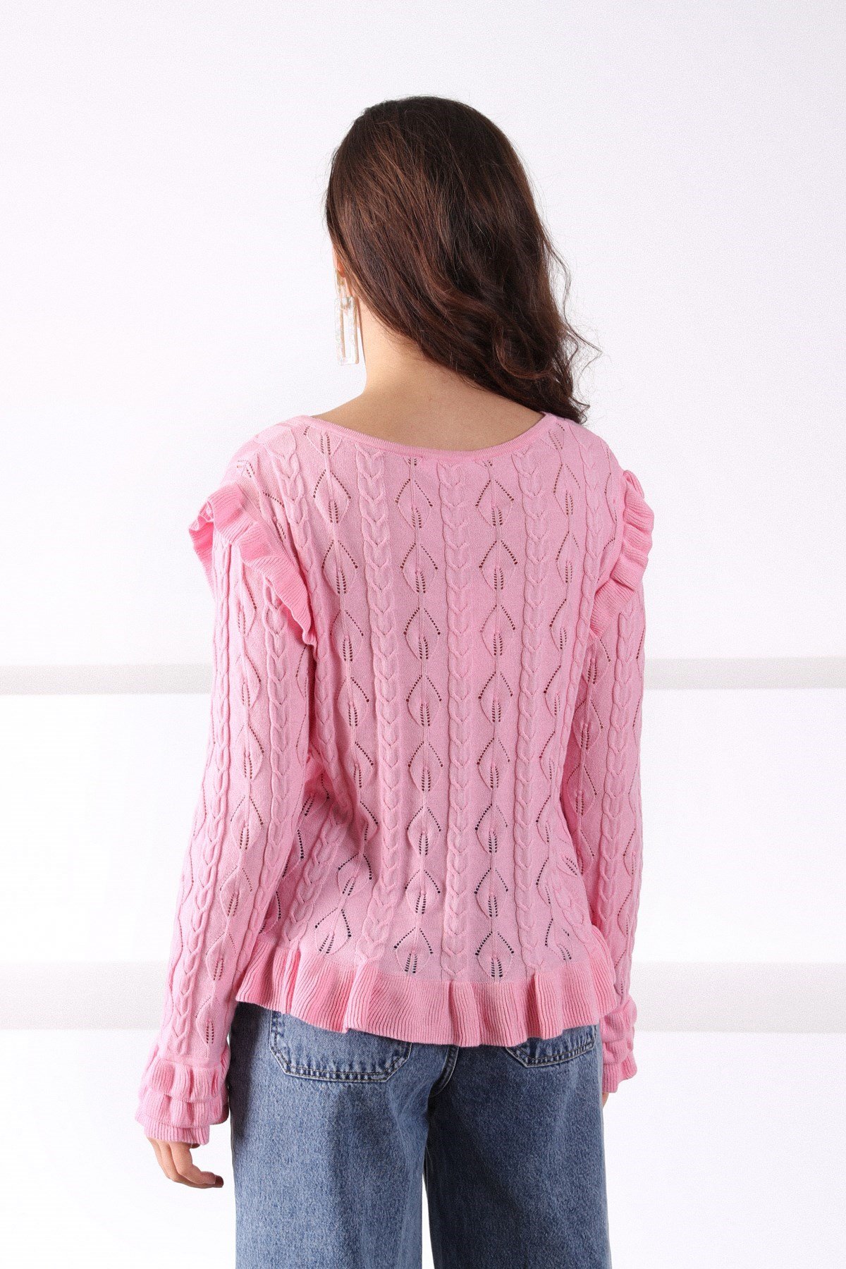 Ferraro Pembe V Yaka Kolu Fırfırlı Pamuklu Kadın Triko Kazak