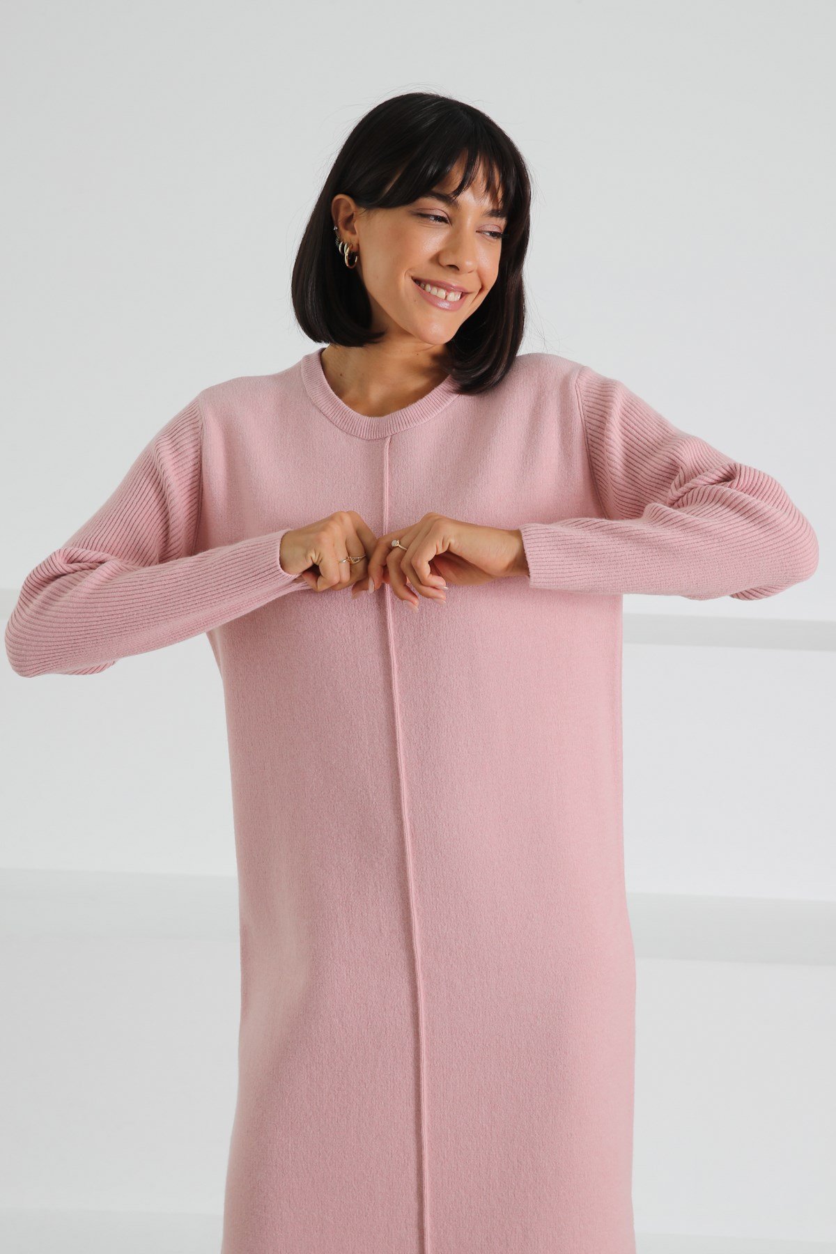 Ferraro Pembe Yandan Yırtmaçlı Midi Boy Kaşmirli Kadın Triko Elbise