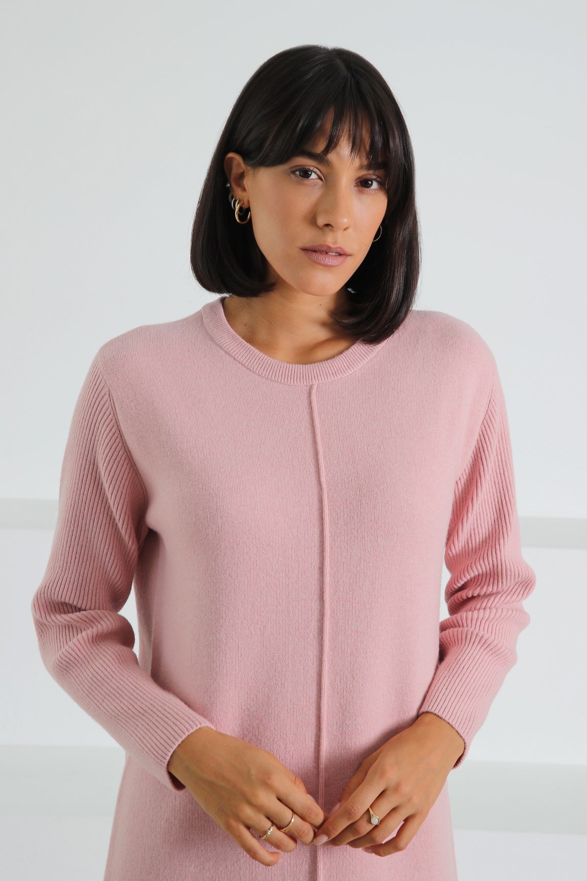 Ferraro Pembe Yandan Yırtmaçlı Midi Boy Kaşmirli Kadın Triko Elbise