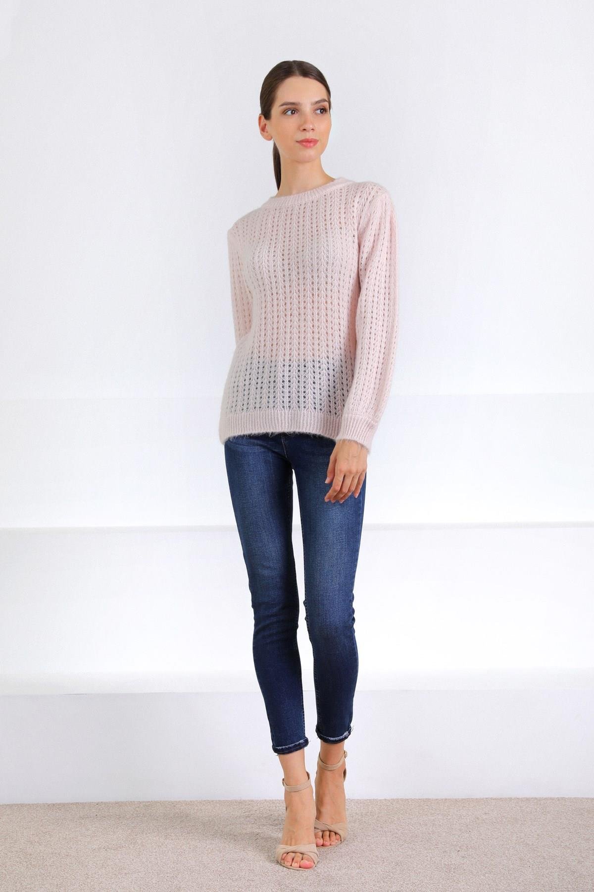 Ferraro Pembe Yün Karışımlı Ajurlu Örgü Kadın Triko Kazak