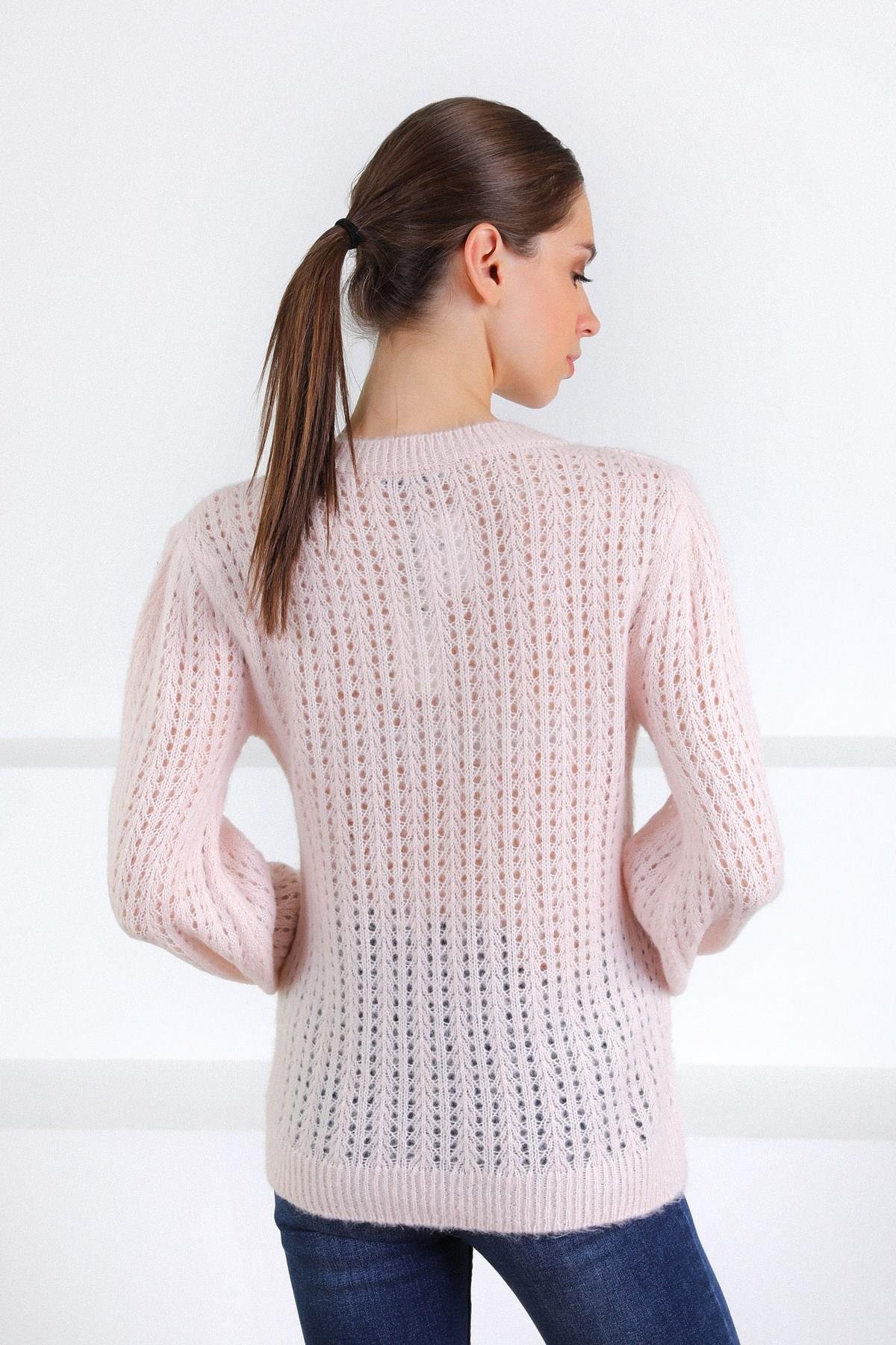 Ferraro Pembe Yün Karışımlı Ajurlu Örgü Kadın Triko Kazak