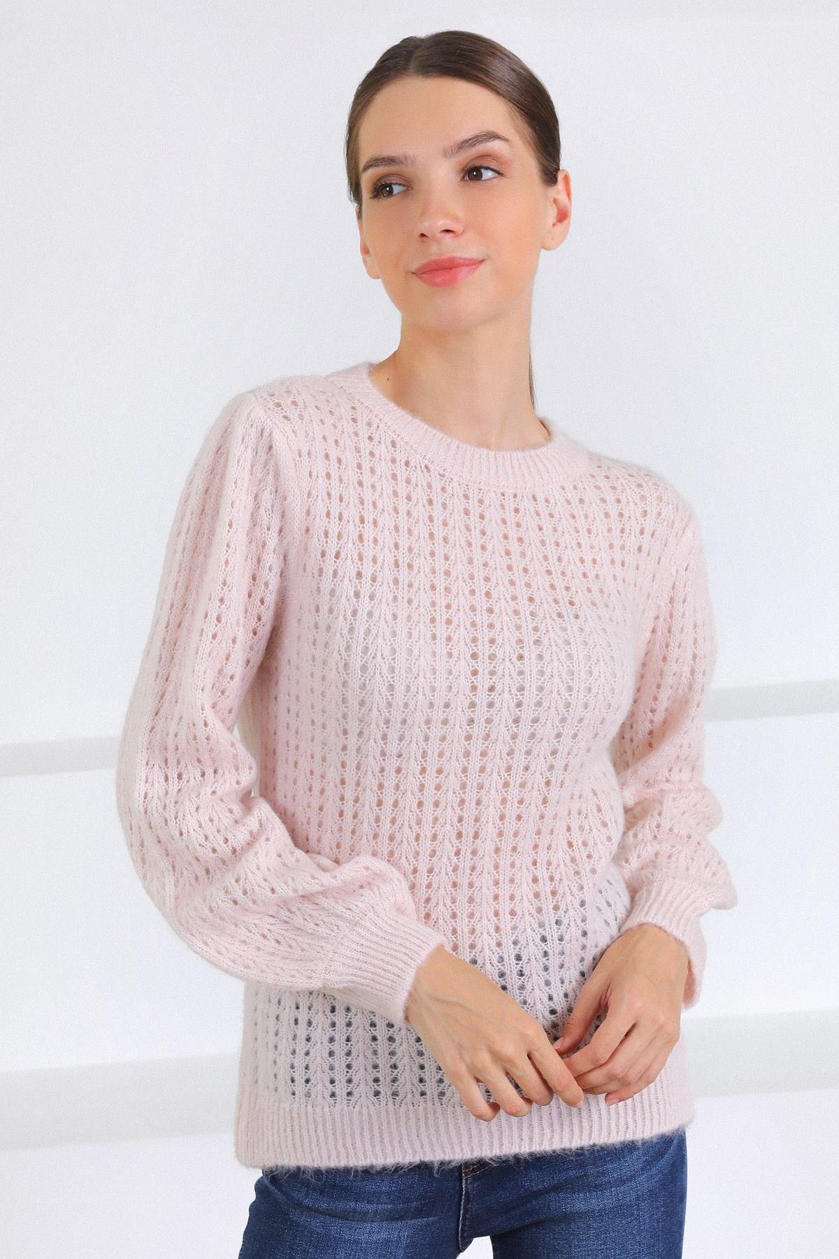 Ferraro Pembe Yün Karışımlı Ajurlu Örgü Kadın Triko Kazak