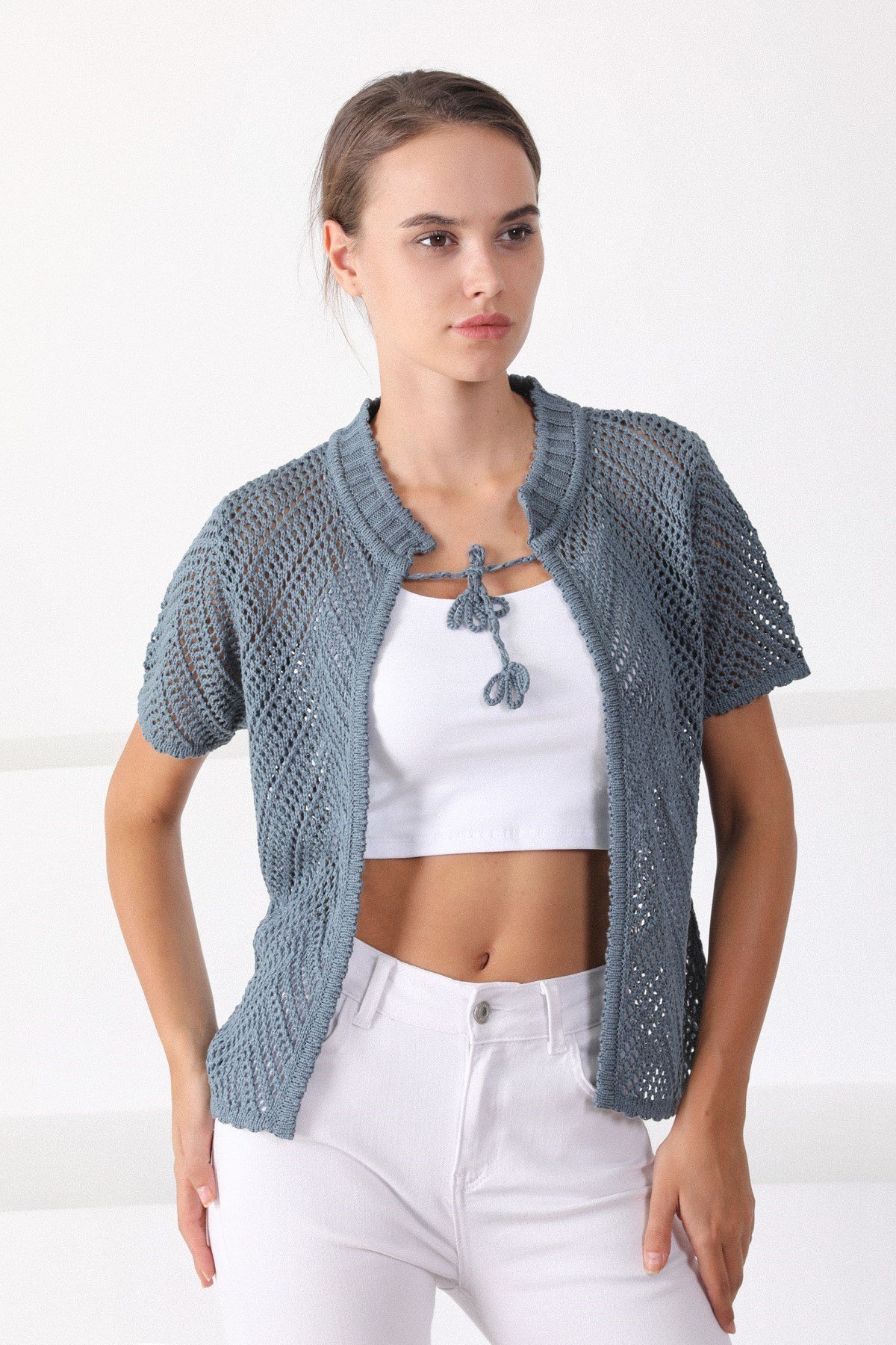 Ferraro Petrol Yuvarlak Yaka Pamuklu Kadın Triko Hırka