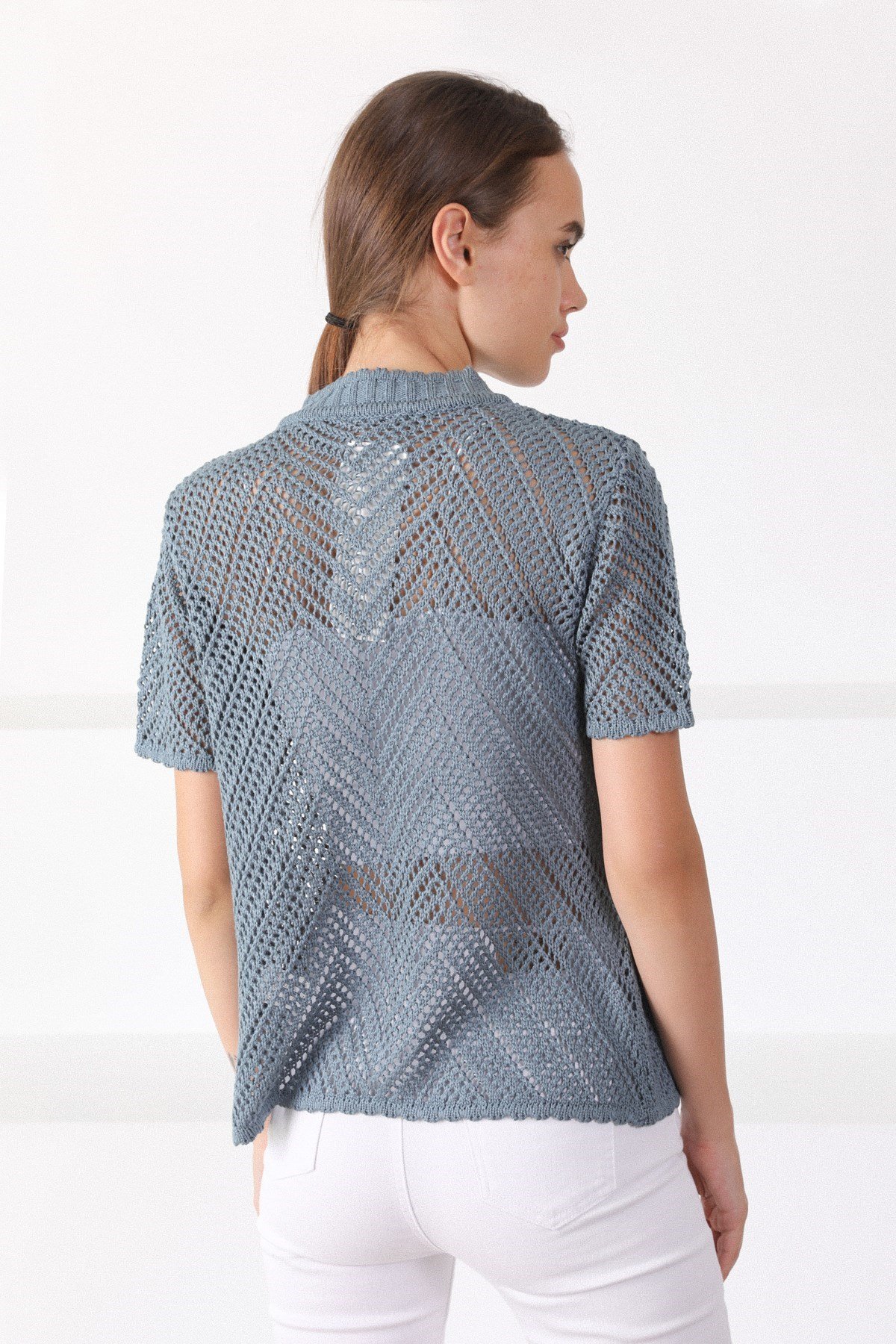 Ferraro Petrol Yuvarlak Yaka Pamuklu Kadın Triko Hırka