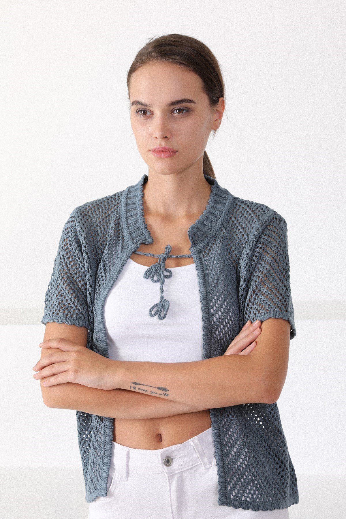 Ferraro Petrol Yuvarlak Yaka Pamuklu Kadın Triko Hırka