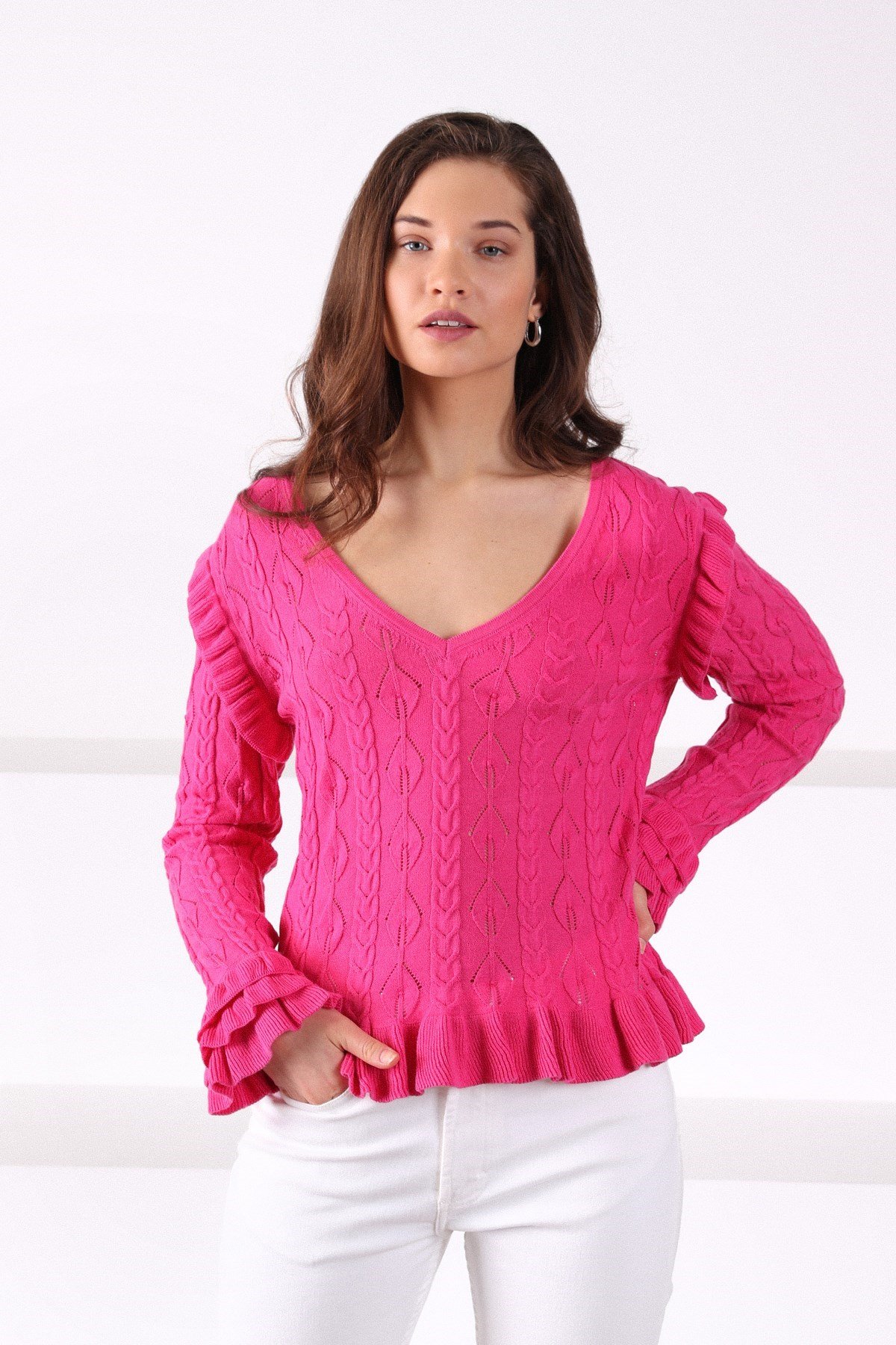 Ferraro Purple V Yaka Kolu Fırfırlı Pamuklu Kadın Triko Kazak