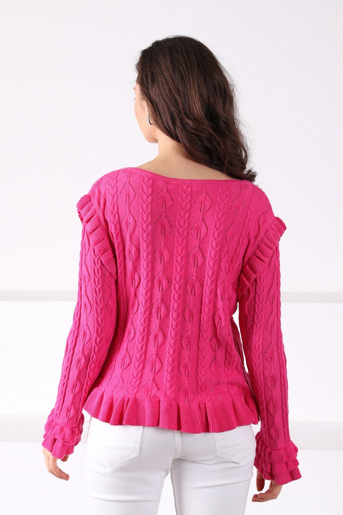 Ferraro Purple V Yaka Kolu Fırfırlı Pamuklu Kadın Triko Kazak