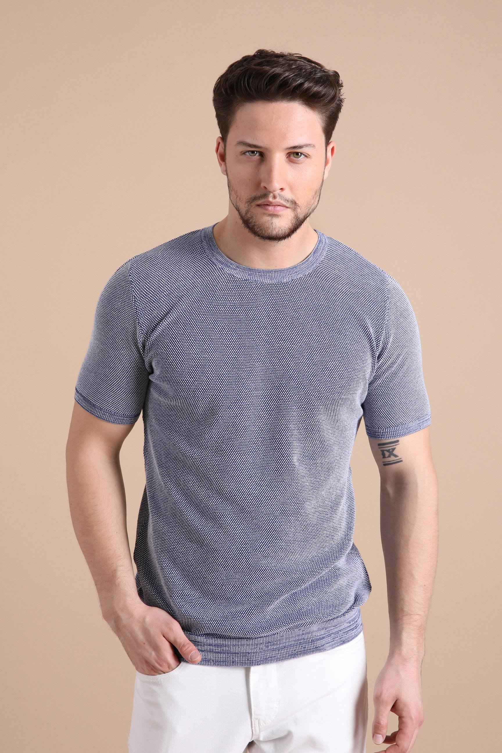 Ferraro Saks/Beyaz Kuşgözü Desenli Bisiklet Yaka Erkek Triko T-Shirt