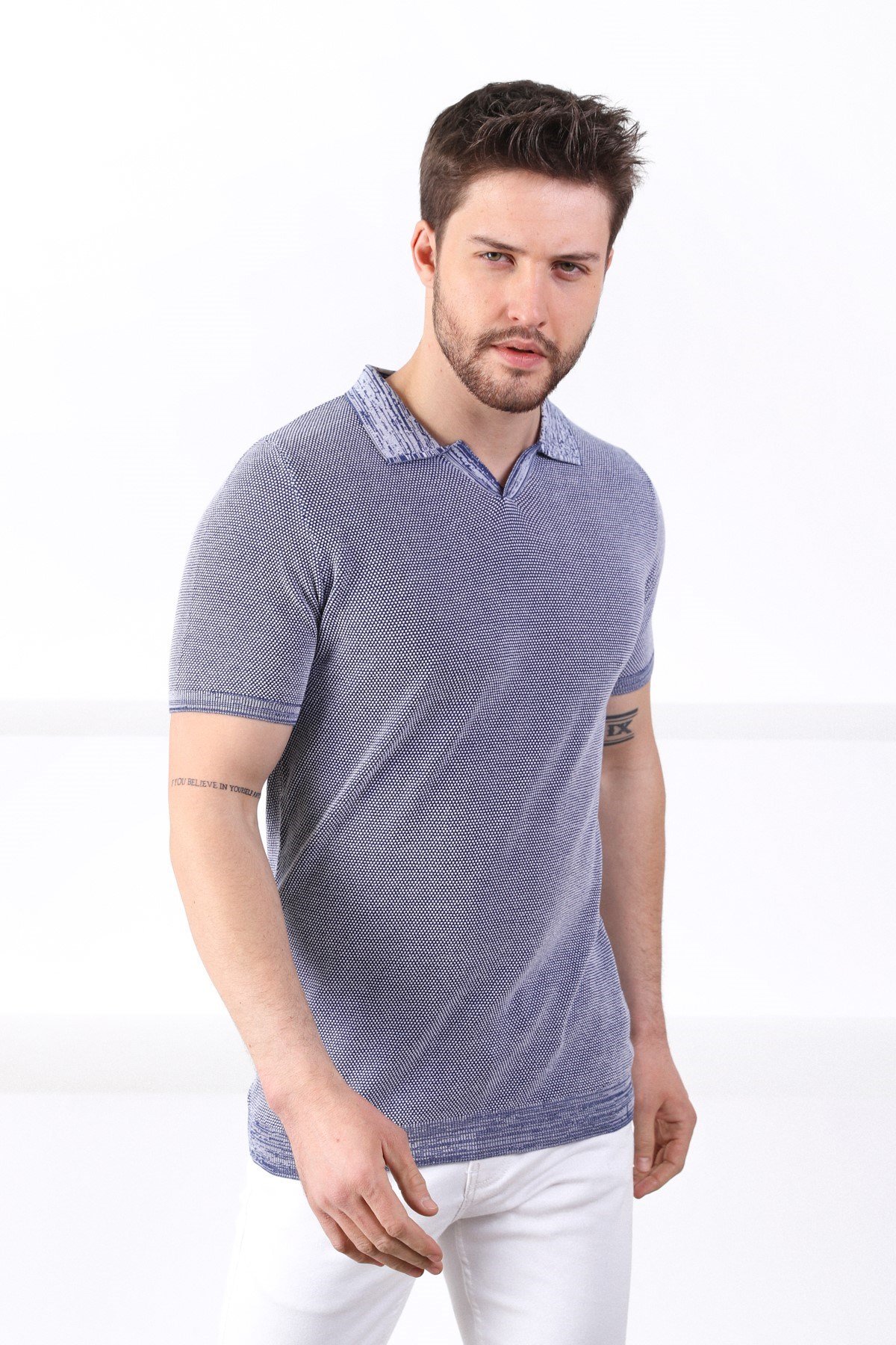 Ferraro Saks/Beyaz Kuşgözü Desenli Polo Yaka Erkek Triko T-Shirt