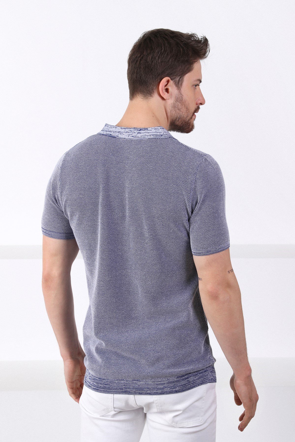 Ferraro Saks/Beyaz Kuşgözü Desenli Polo Yaka Erkek Triko T-Shirt