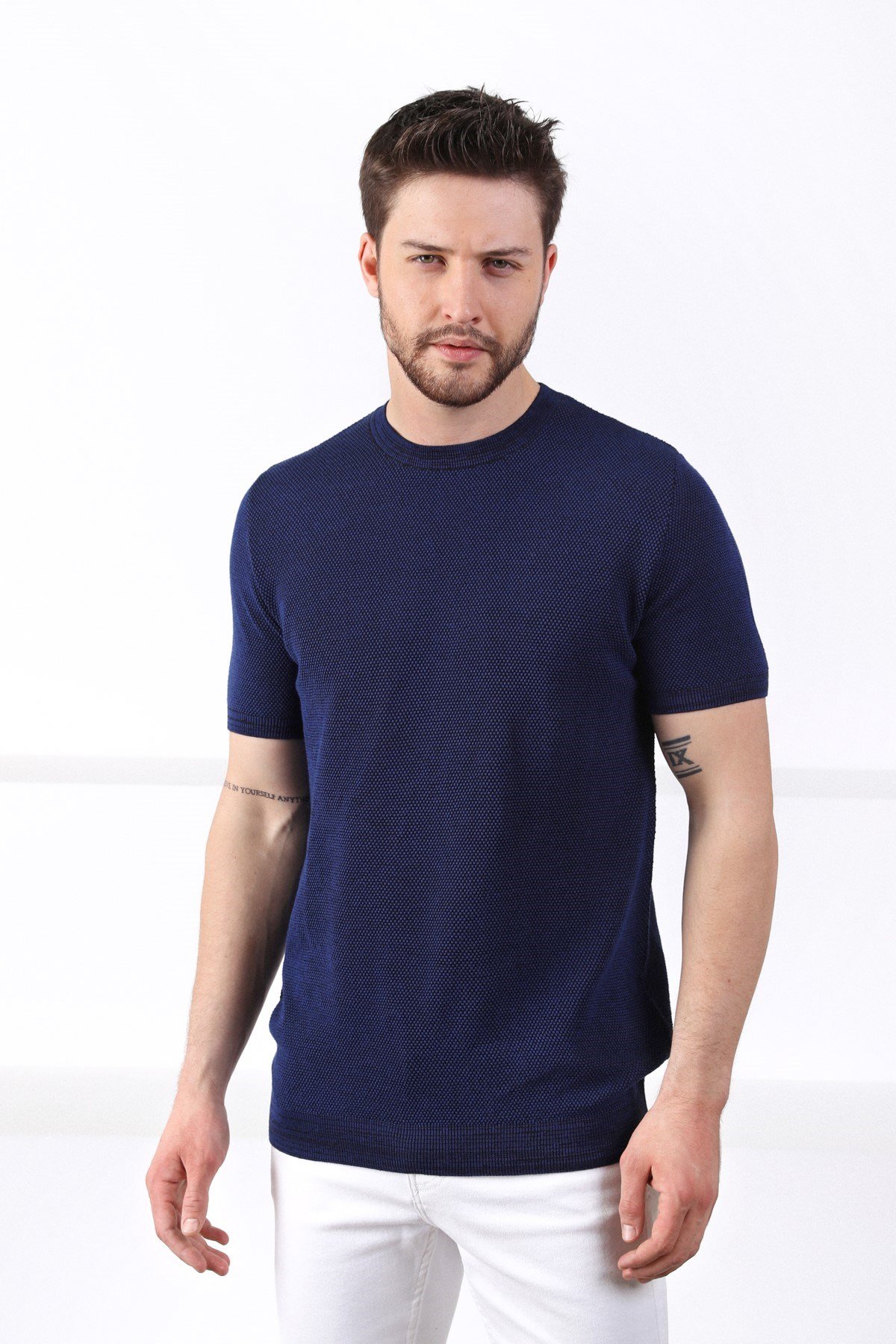 Ferraro Saks/Siyah Kuşgözü Desenli Bisiklet Yaka Erkek Triko T-Shirt