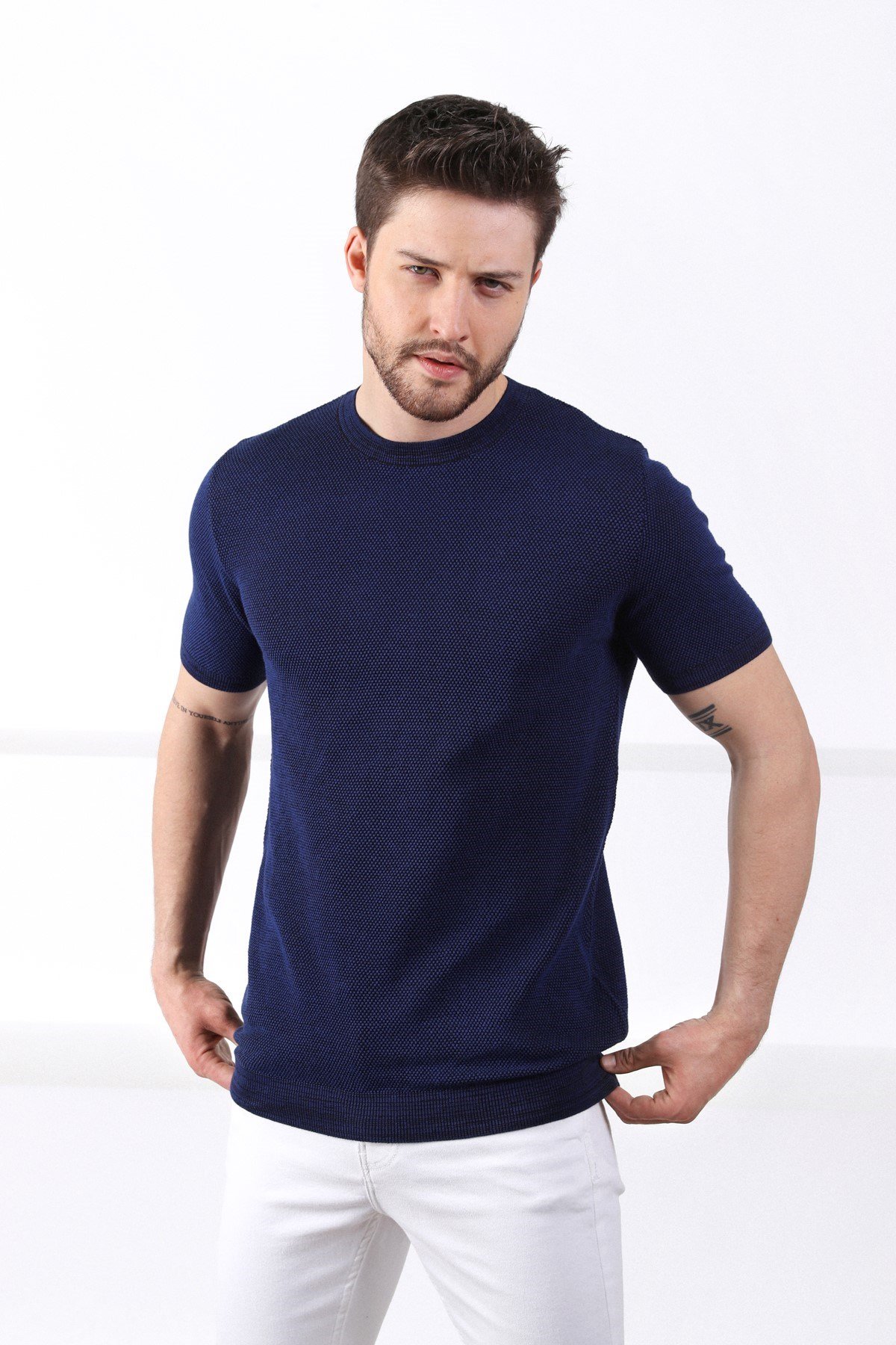 Ferraro Saks/Siyah Kuşgözü Desenli Bisiklet Yaka Erkek Triko T-Shirt