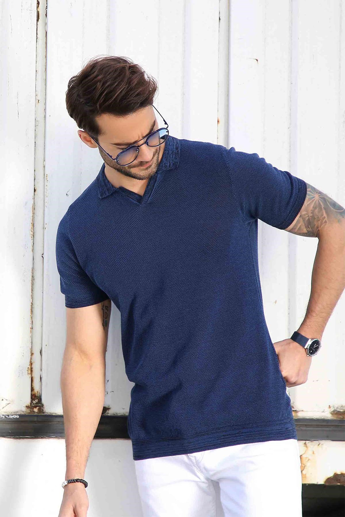 Ferraro Saks/Siyah Kuşgözü Desenli Polo Yaka Erkek Triko T-Shirt