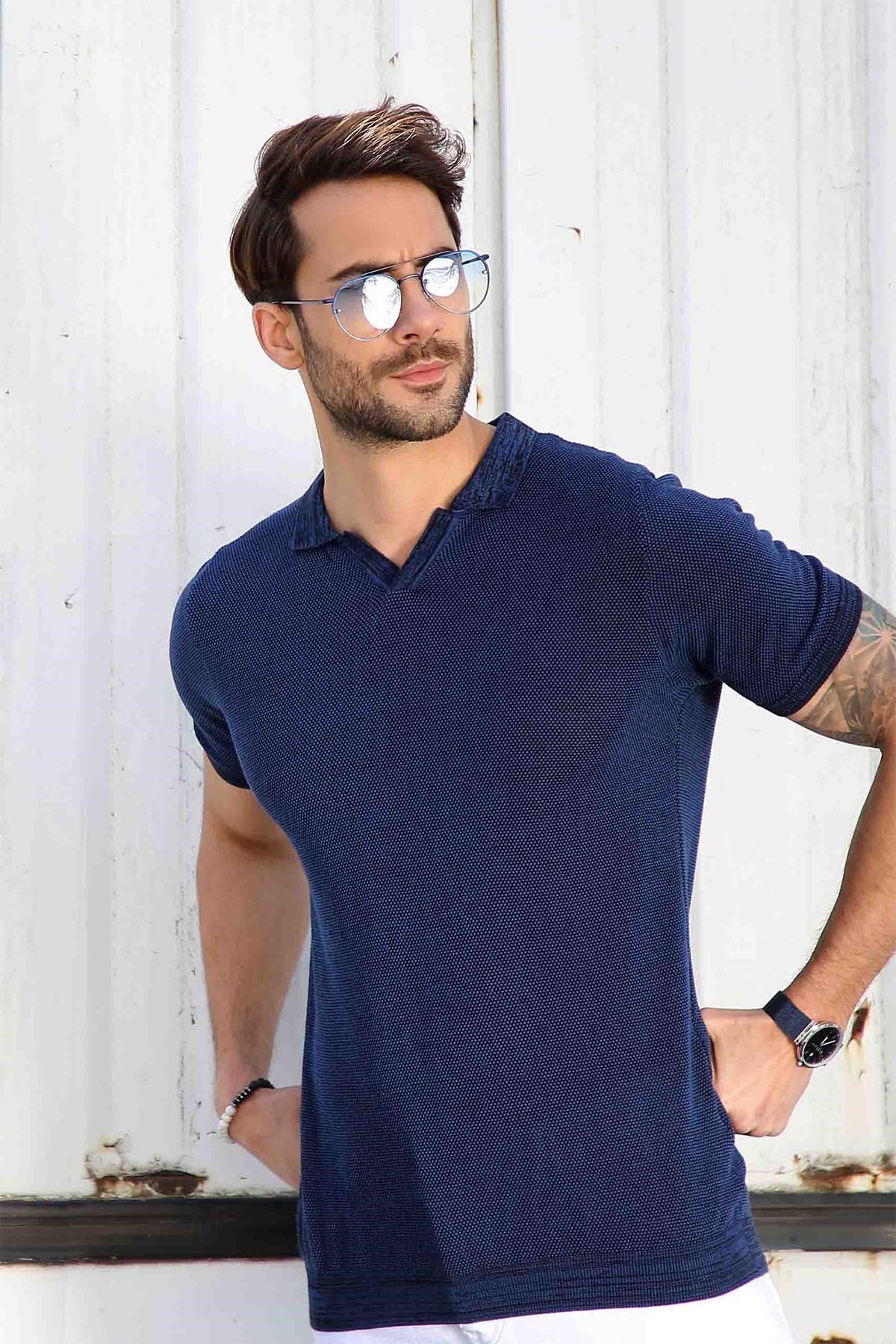 Ferraro Saks/Siyah Kuşgözü Desenli Polo Yaka Erkek Triko T-Shirt