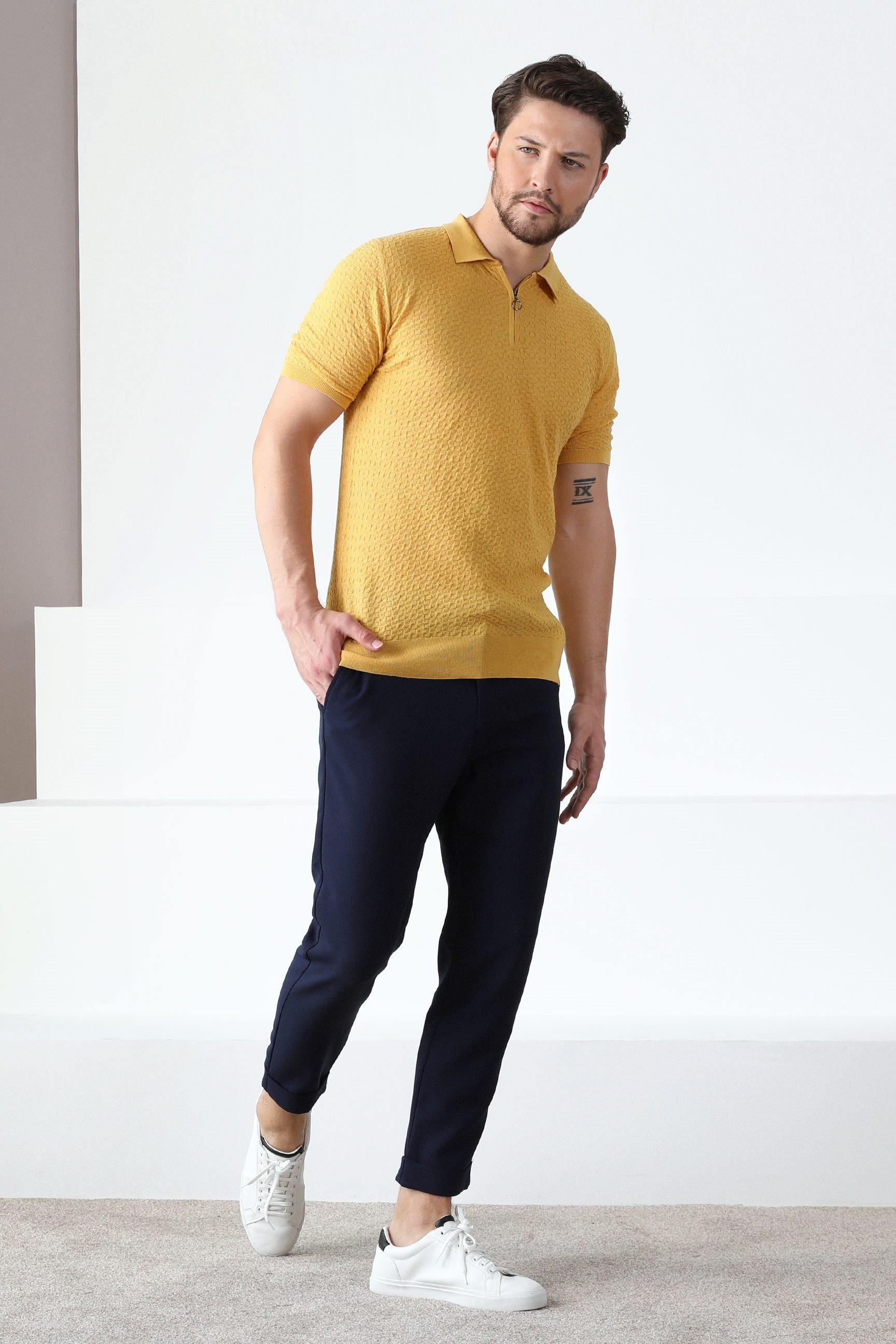 Ferraro Sarı Polo Yaka Fermuarlı Erkek Pamuk Triko T-Shirt