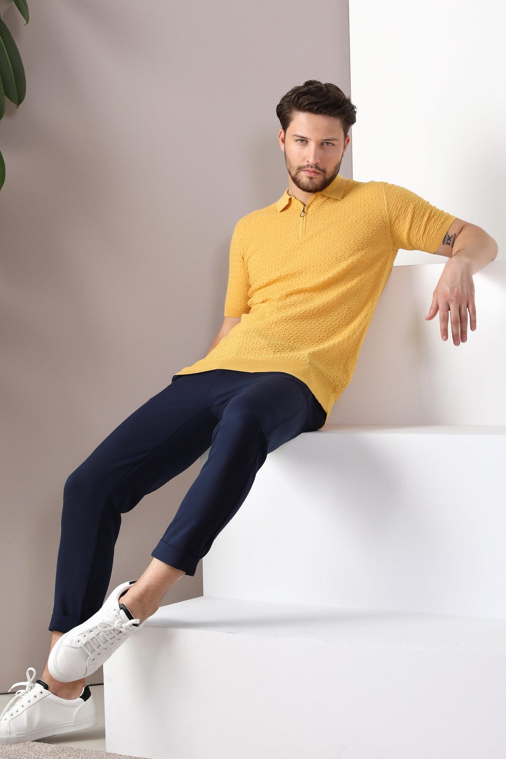 Ferraro Sarı Polo Yaka Fermuarlı Erkek Pamuk Triko T-Shirt