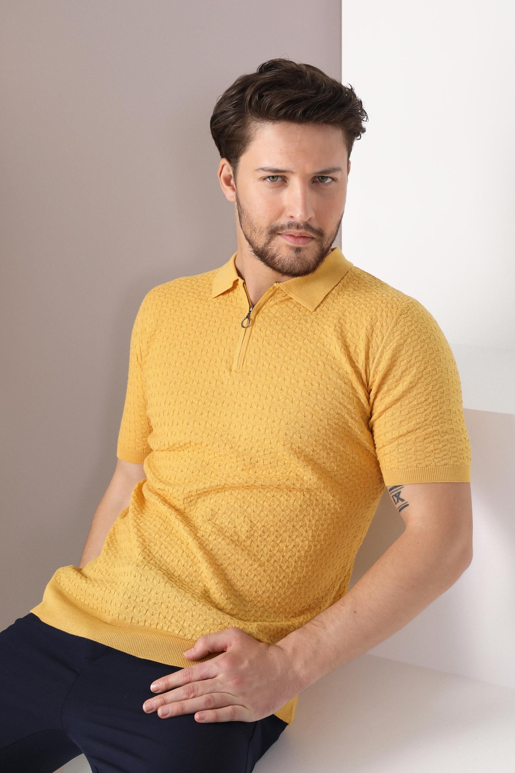 Ferraro Sarı Polo Yaka Fermuarlı Erkek Pamuk Triko T-Shirt