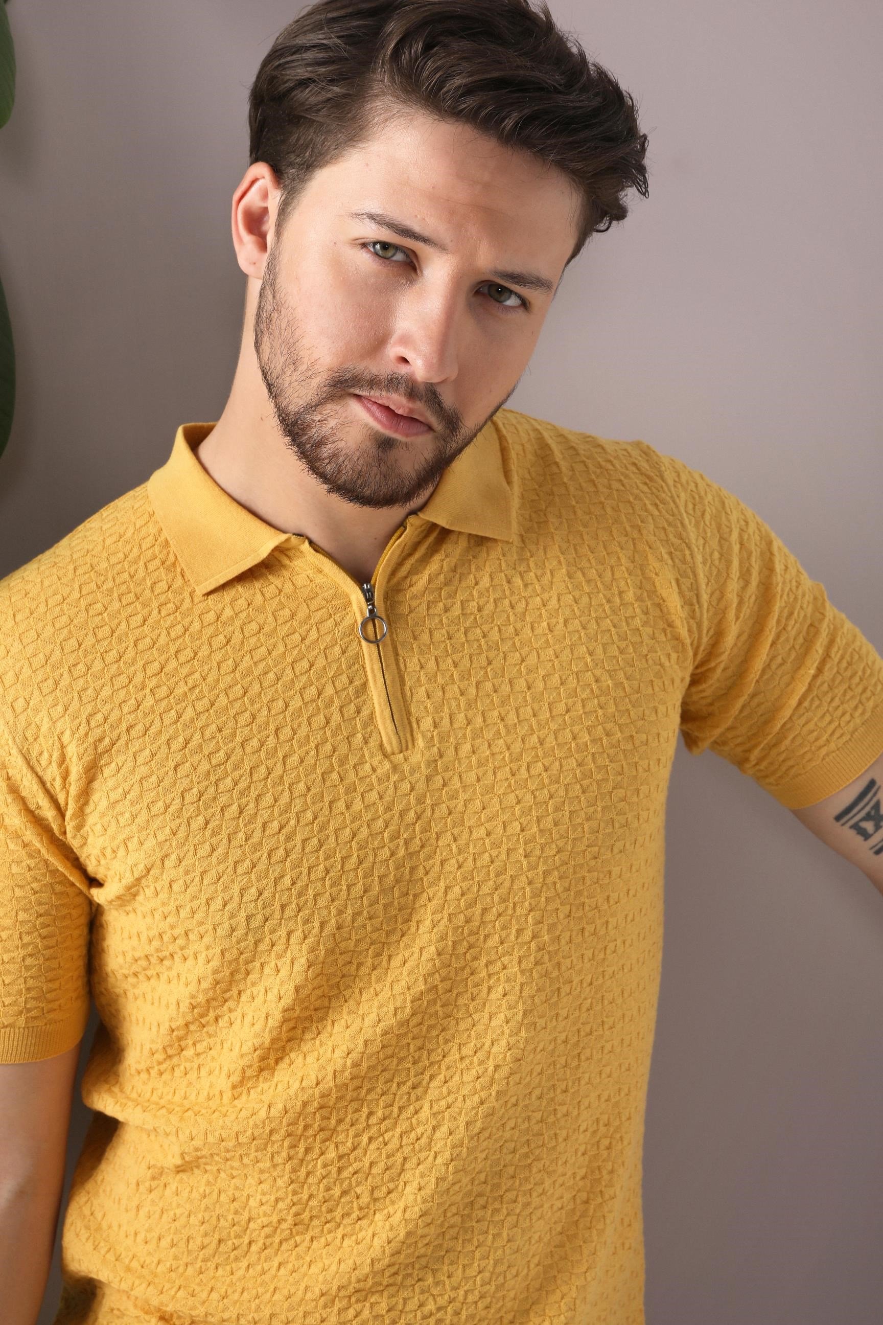 Ferraro Sarı Polo Yaka Fermuarlı Erkek Pamuk Triko T-Shirt