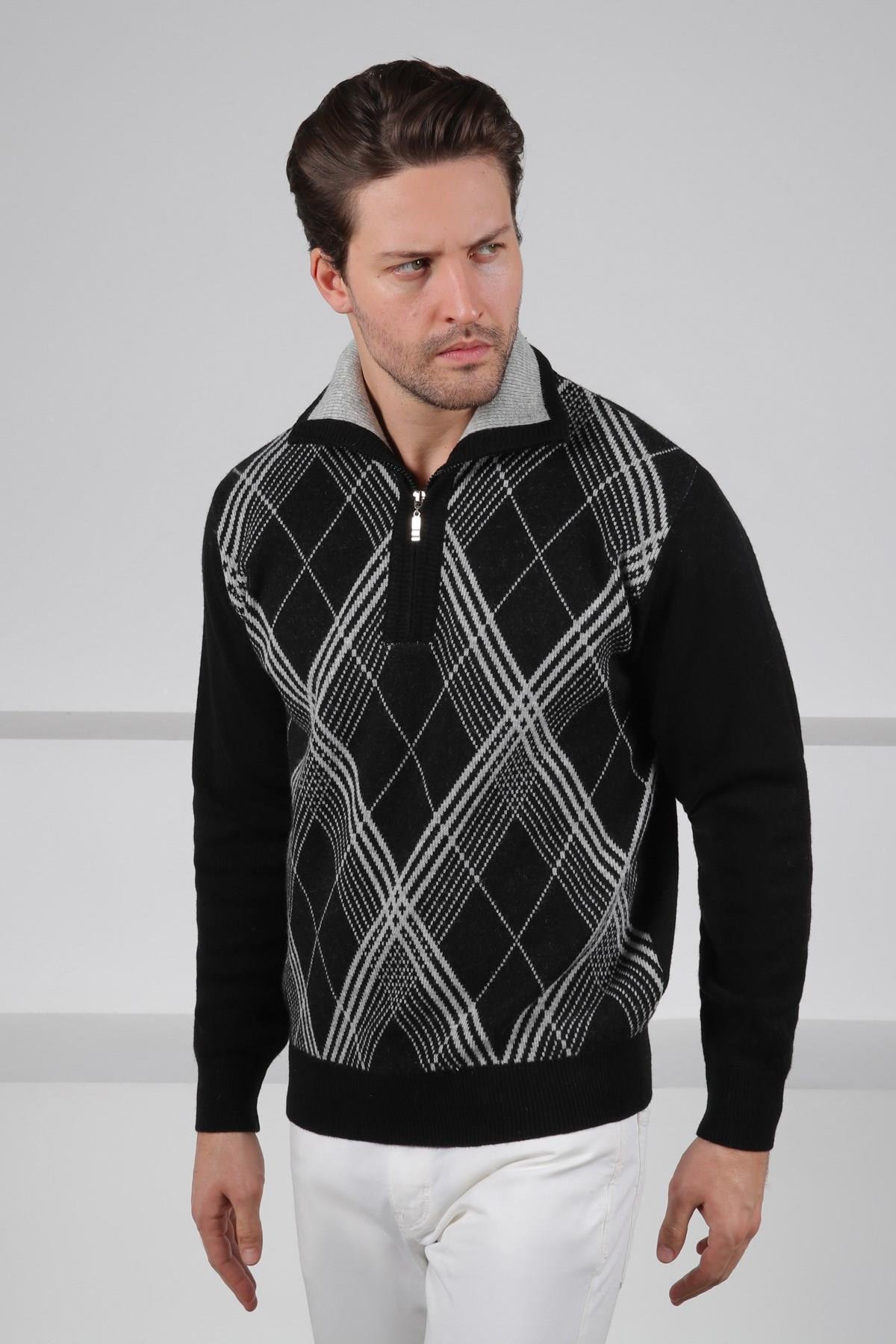 Ferraro Siyah Balıkçı Yaka Fermuarlı Baklava Desenli Uzun Kollu %100 Kuzu Yünü Erkek Triko Kazak