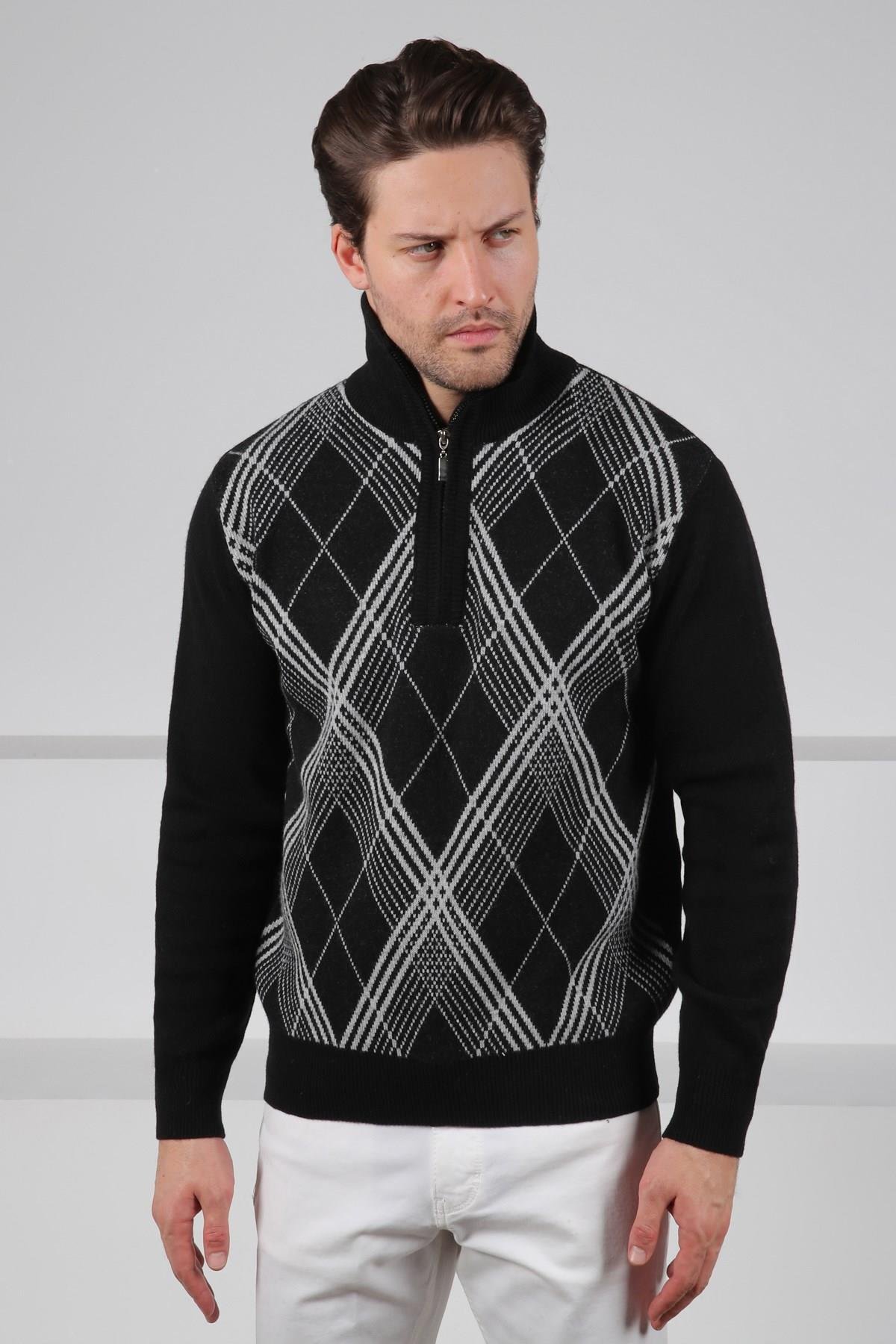 Ferraro Siyah Balıkçı Yaka Fermuarlı Baklava Desenli Uzun Kollu %100 Kuzu Yünü Erkek Triko Kazak