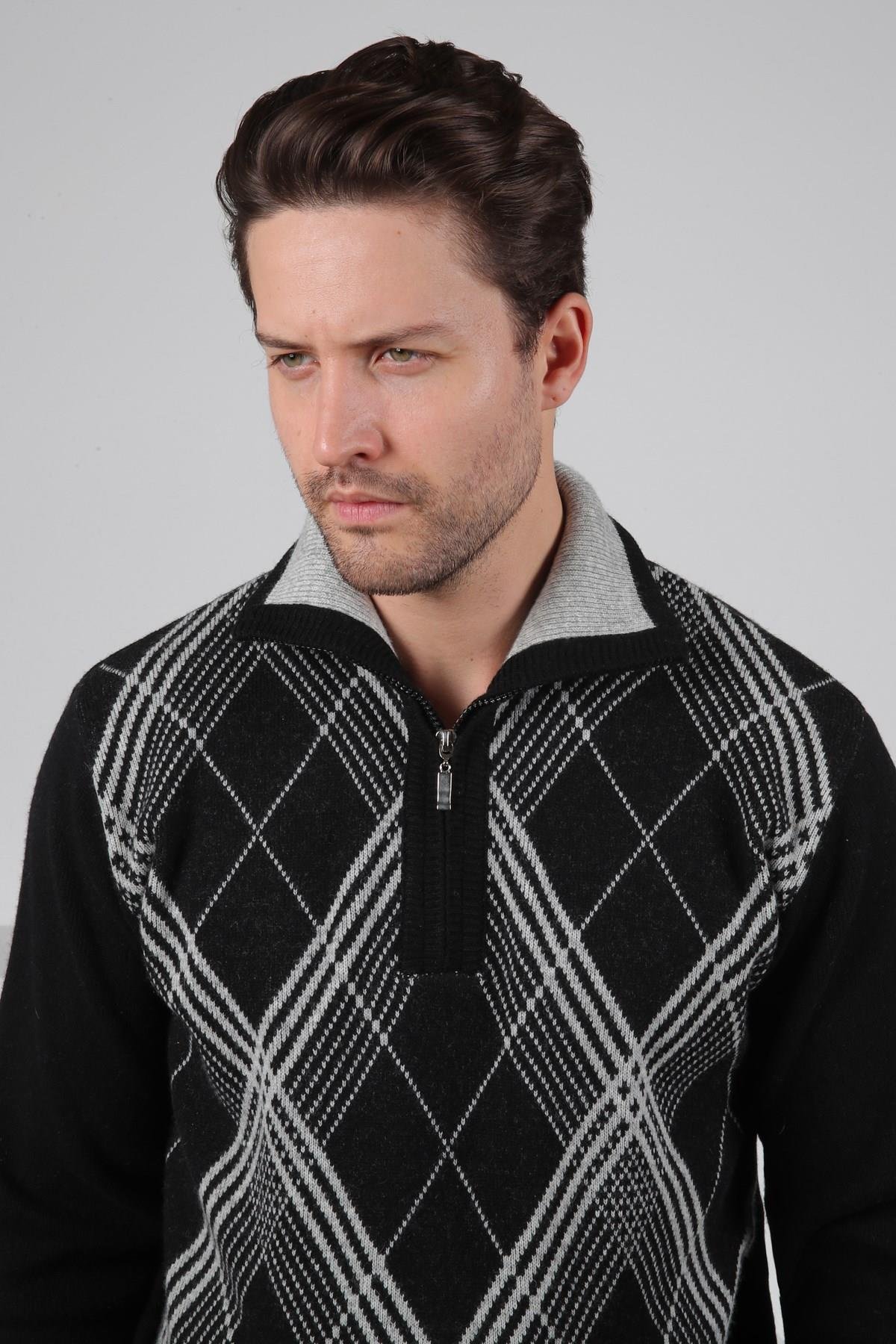 Ferraro Siyah Balıkçı Yaka Fermuarlı Baklava Desenli Uzun Kollu %100 Kuzu Yünü Erkek Triko Kazak