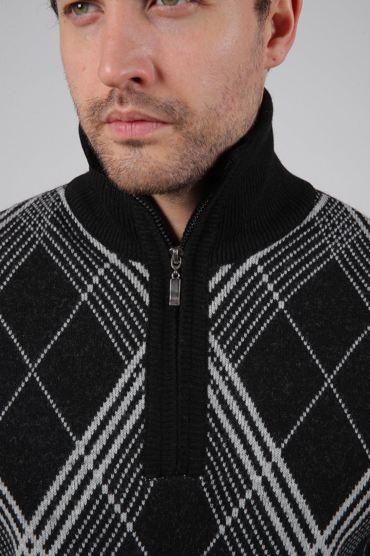 Ferraro Siyah Balıkçı Yaka Fermuarlı Baklava Desenli Uzun Kollu %100 Kuzu Yünü Erkek Triko Kazak