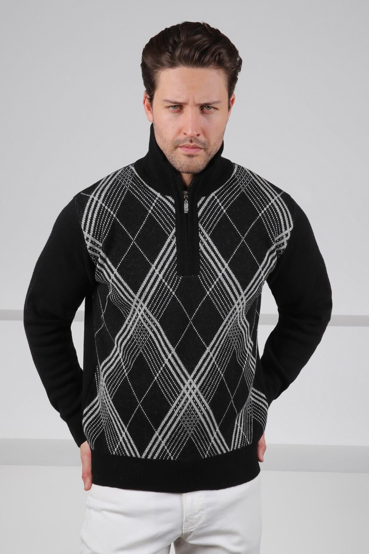 Ferraro Siyah Balıkçı Yaka Fermuarlı Baklava Desenli Uzun Kollu %100 Kuzu Yünü Erkek Triko Kazak