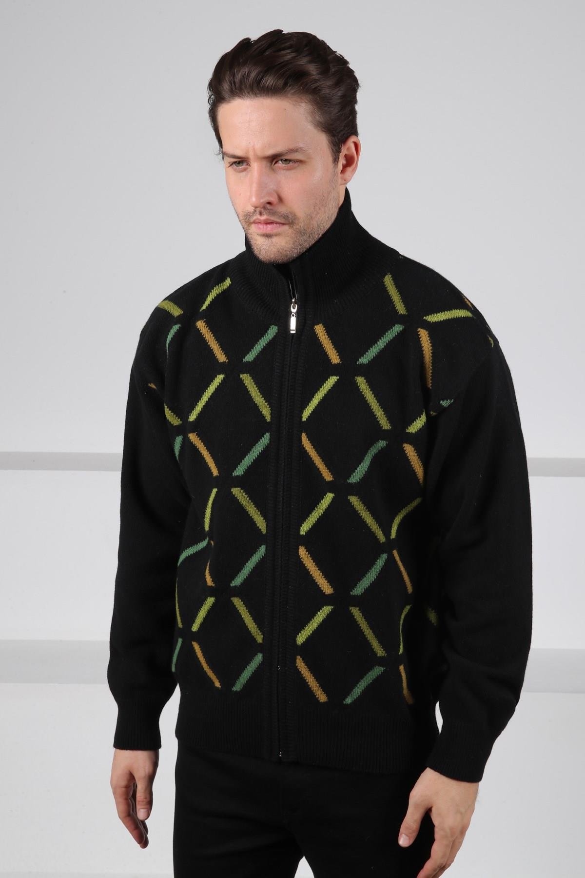 Ferraro Siyah Balıkçı Yaka Fermuarlı Cepsiz Yeşil Çizgi Detaylı Uzun Kollu %100 Kuzu Yünü Erkek Triko Ceket