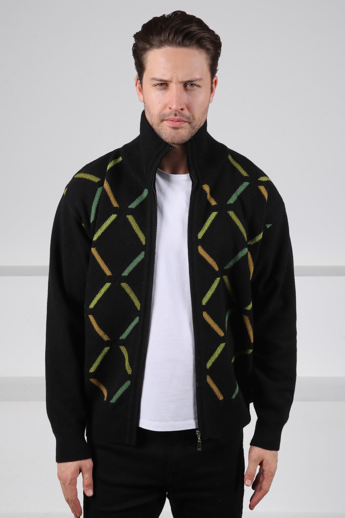 Ferraro Siyah Balıkçı Yaka Fermuarlı Cepsiz Yeşil Çizgi Detaylı Uzun Kollu %100 Kuzu Yünü Erkek Triko Ceket