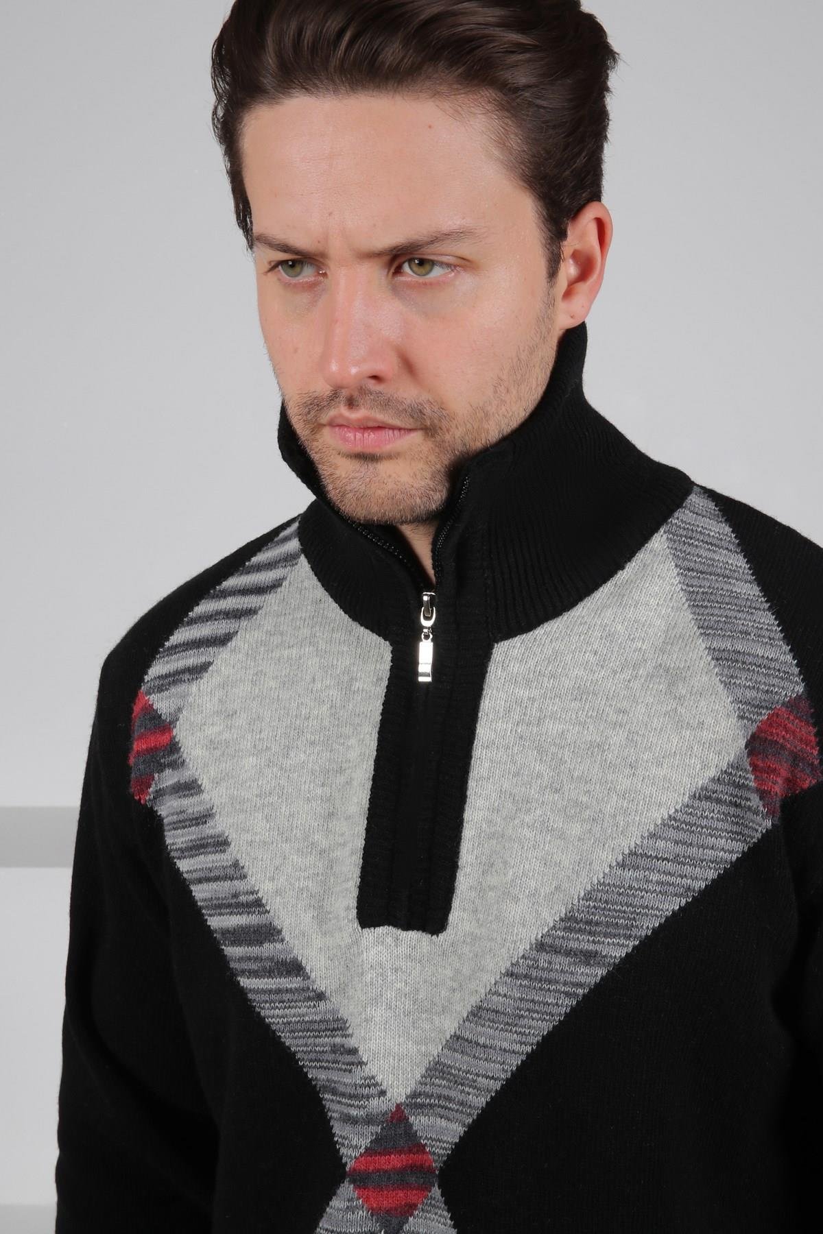 Ferraro Siyah Balıkçı Yaka Fermuarlı Geometrik Desenli Uzun Kollu %100 Kuzu Yünü Erkek Triko Kazak