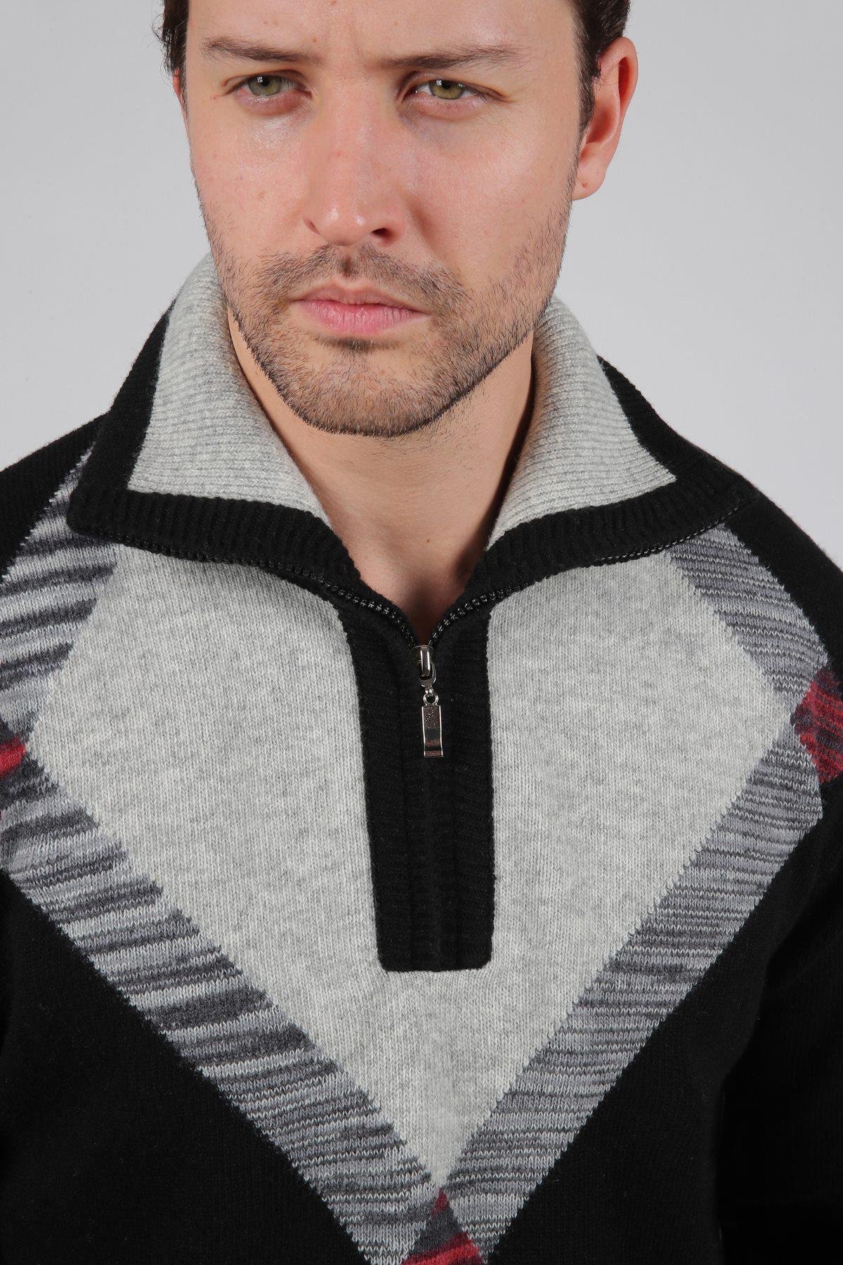 Ferraro Siyah Balıkçı Yaka Fermuarlı Geometrik Desenli Uzun Kollu %100 Kuzu Yünü Erkek Triko Kazak