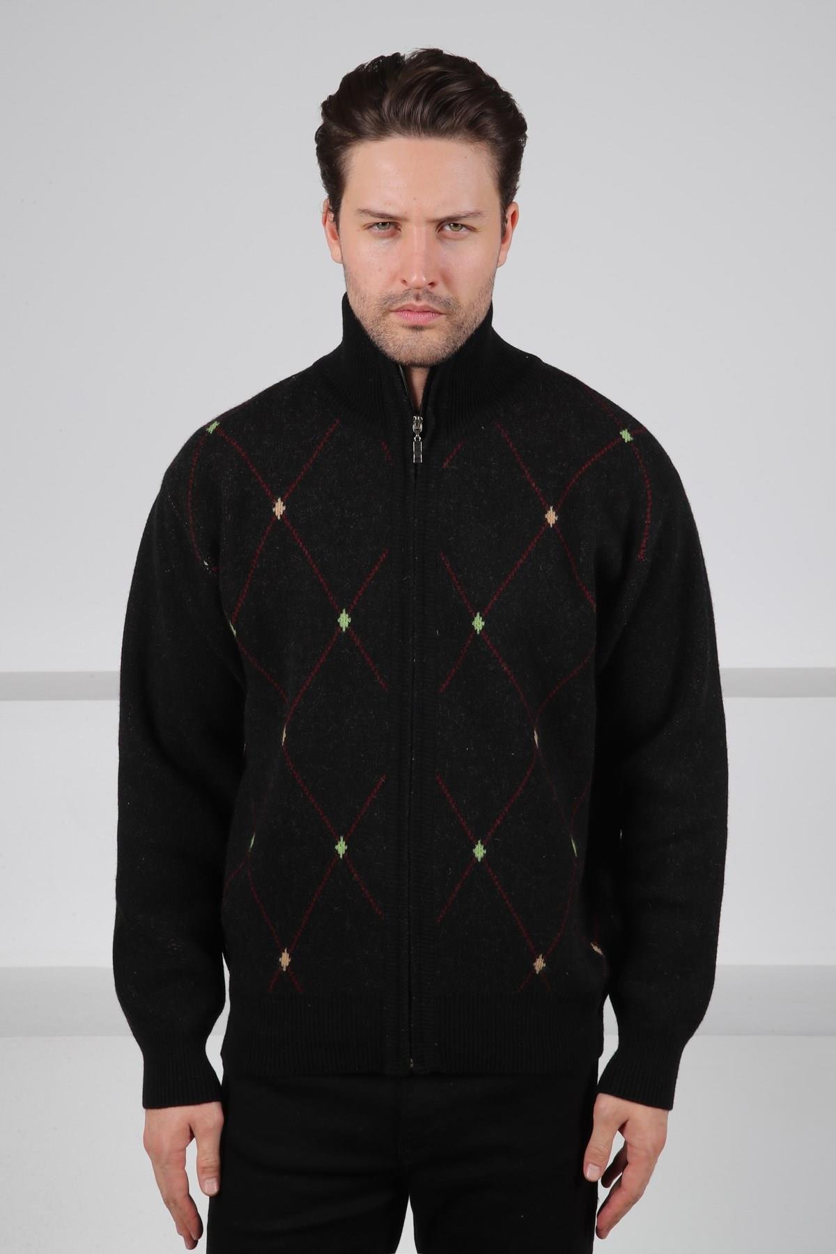 Ferraro Siyah Balıkçı Yaka Fermuarlı Geometrik Baklava Desenli Uzun Kollu %100 Kuzu Yünü Erkek Triko Ceket