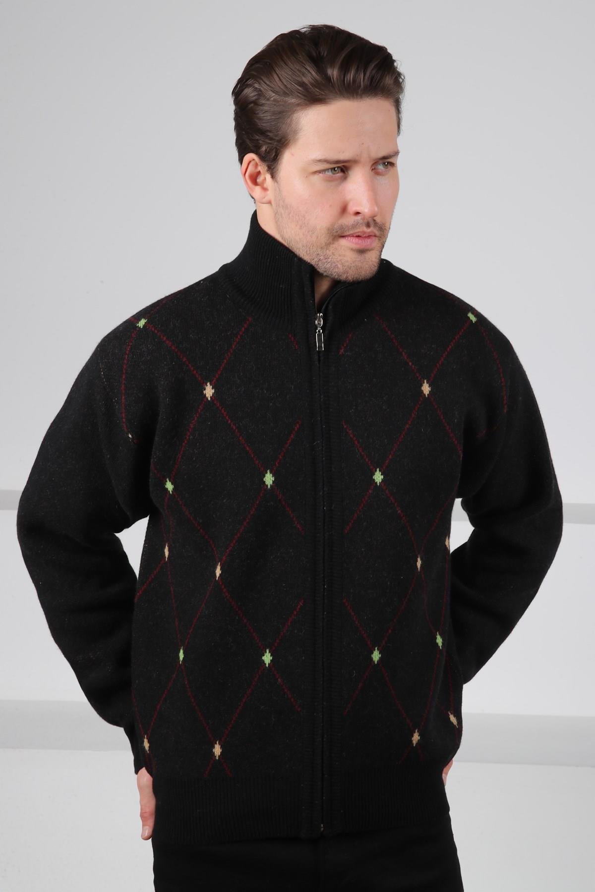 Ferraro Siyah Balıkçı Yaka Fermuarlı Geometrik Baklava Desenli Uzun Kollu %100 Kuzu Yünü Erkek Triko Ceket