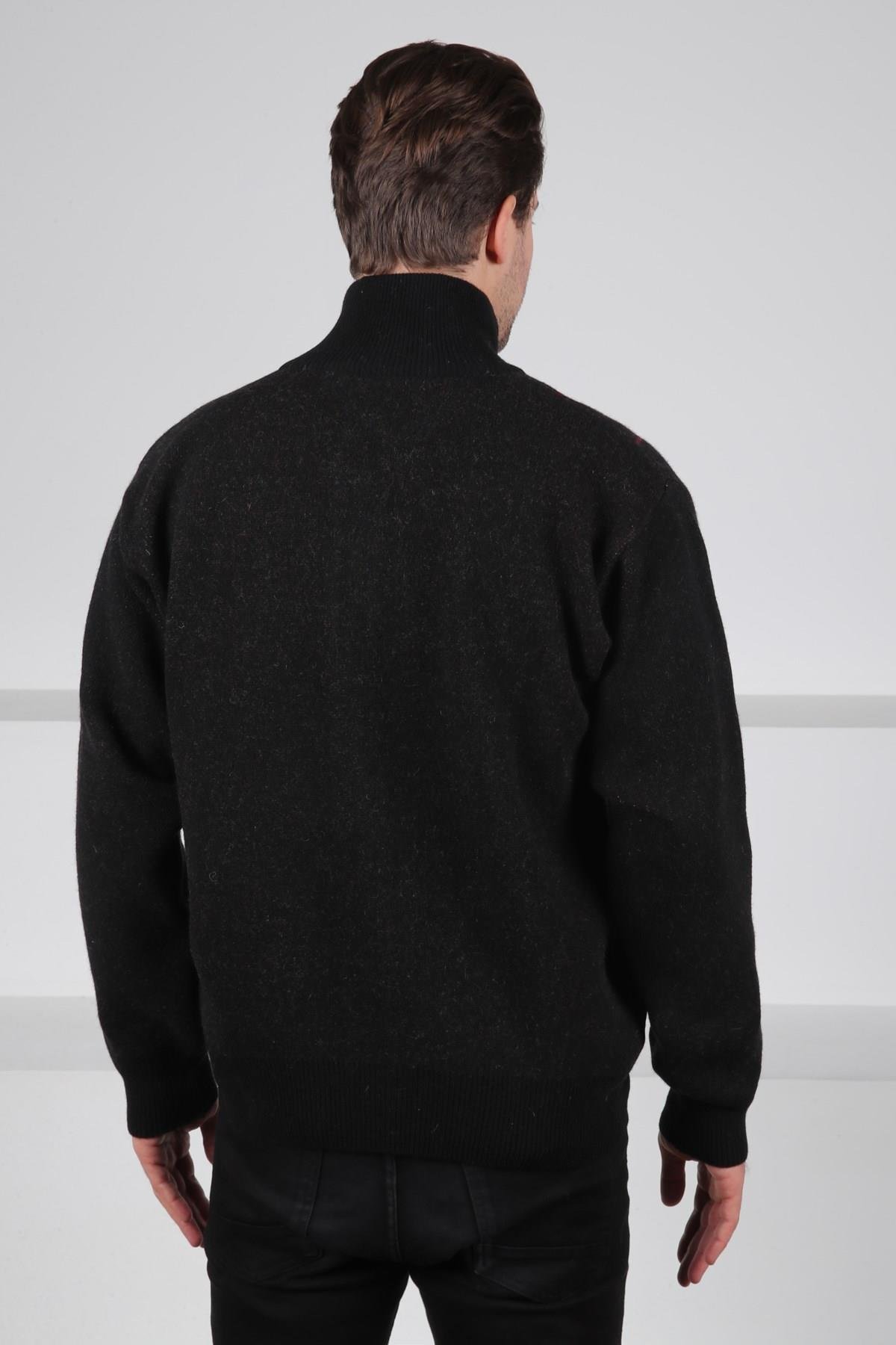 Ferraro Siyah Balıkçı Yaka Fermuarlı Geometrik Baklava Desenli Uzun Kollu %100 Kuzu Yünü Erkek Triko Ceket