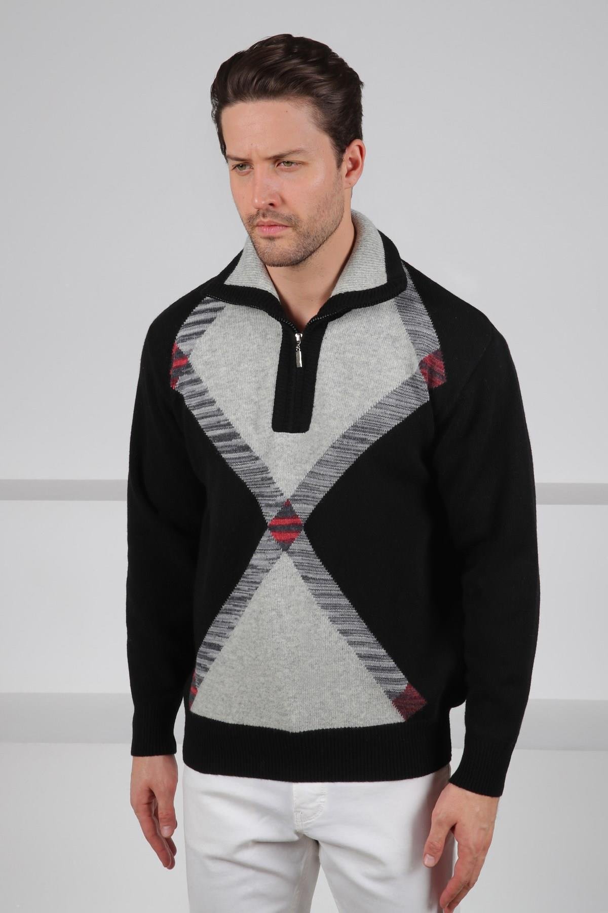 Ferraro Siyah Balıkçı Yaka Fermuarlı Geometrik Desenli Uzun Kollu %100 Kuzu Yünü Erkek Triko Kazak