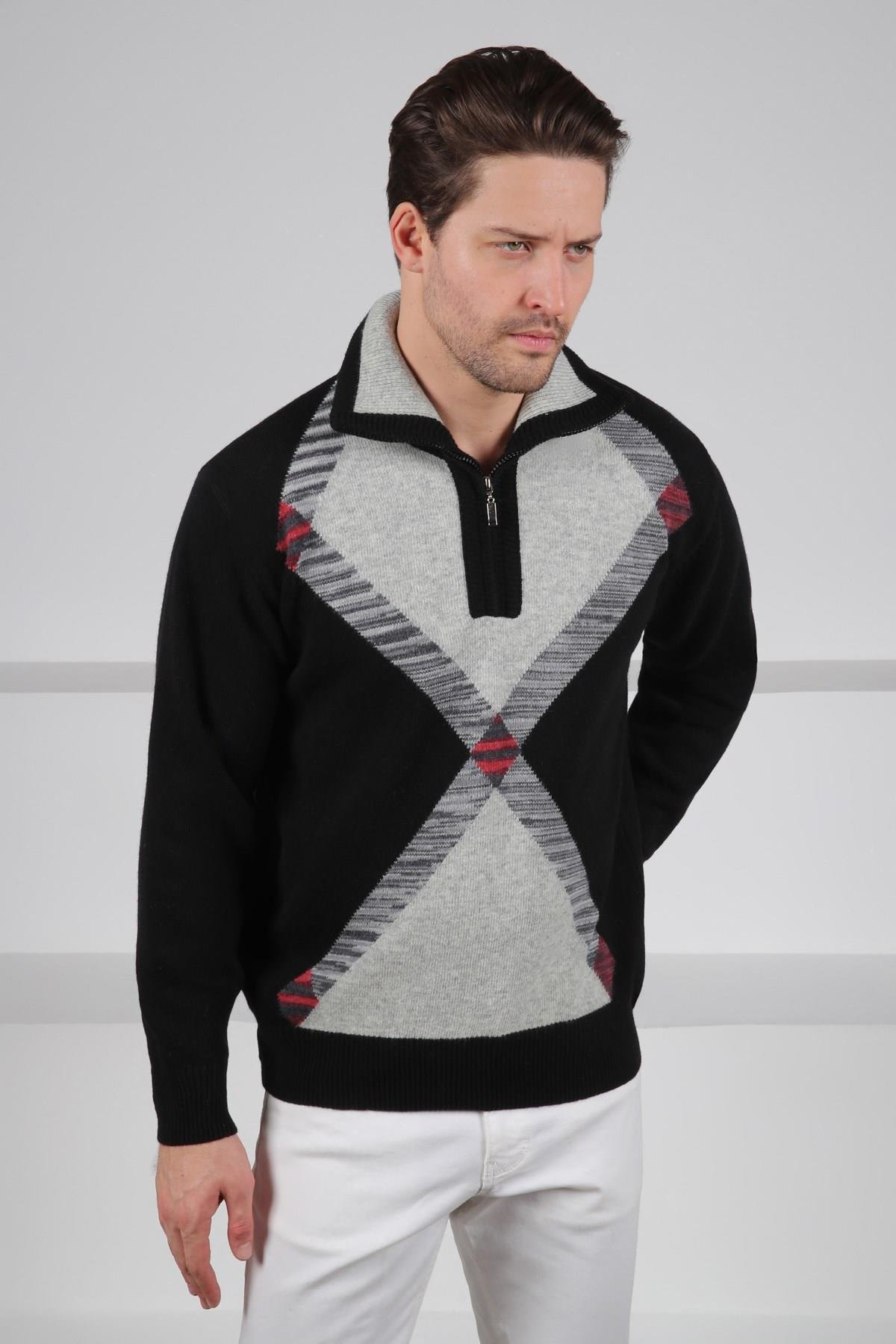 Ferraro Siyah Balıkçı Yaka Fermuarlı Geometrik Desenli Uzun Kollu %100 Kuzu Yünü Erkek Triko Kazak