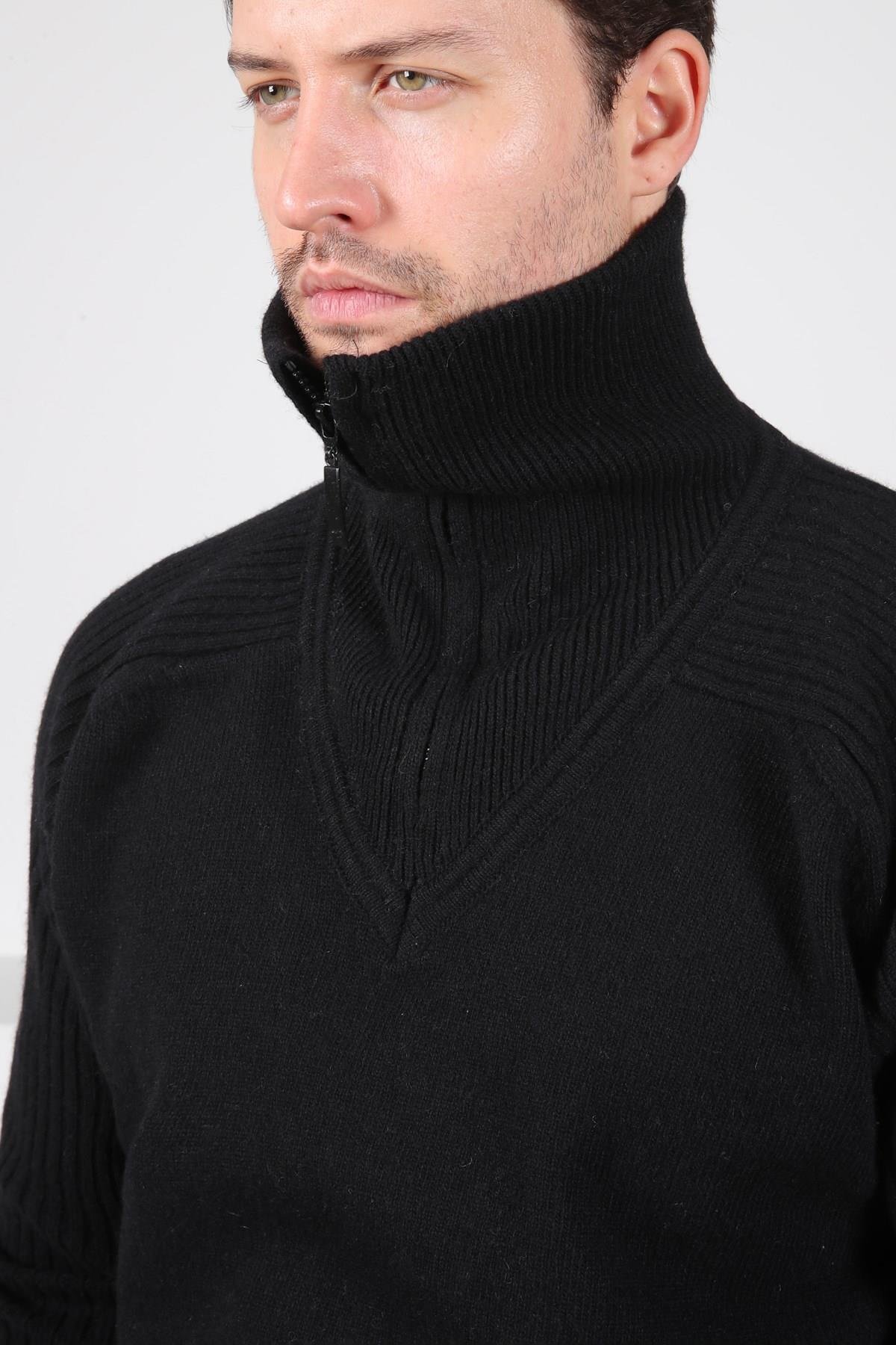 Ferraro Siyah Balıkçı Yaka Fermuarlı Kolları Fitilli Uzun Kollu Kuzu Yünü Karışımlı Erkek Triko Kazak