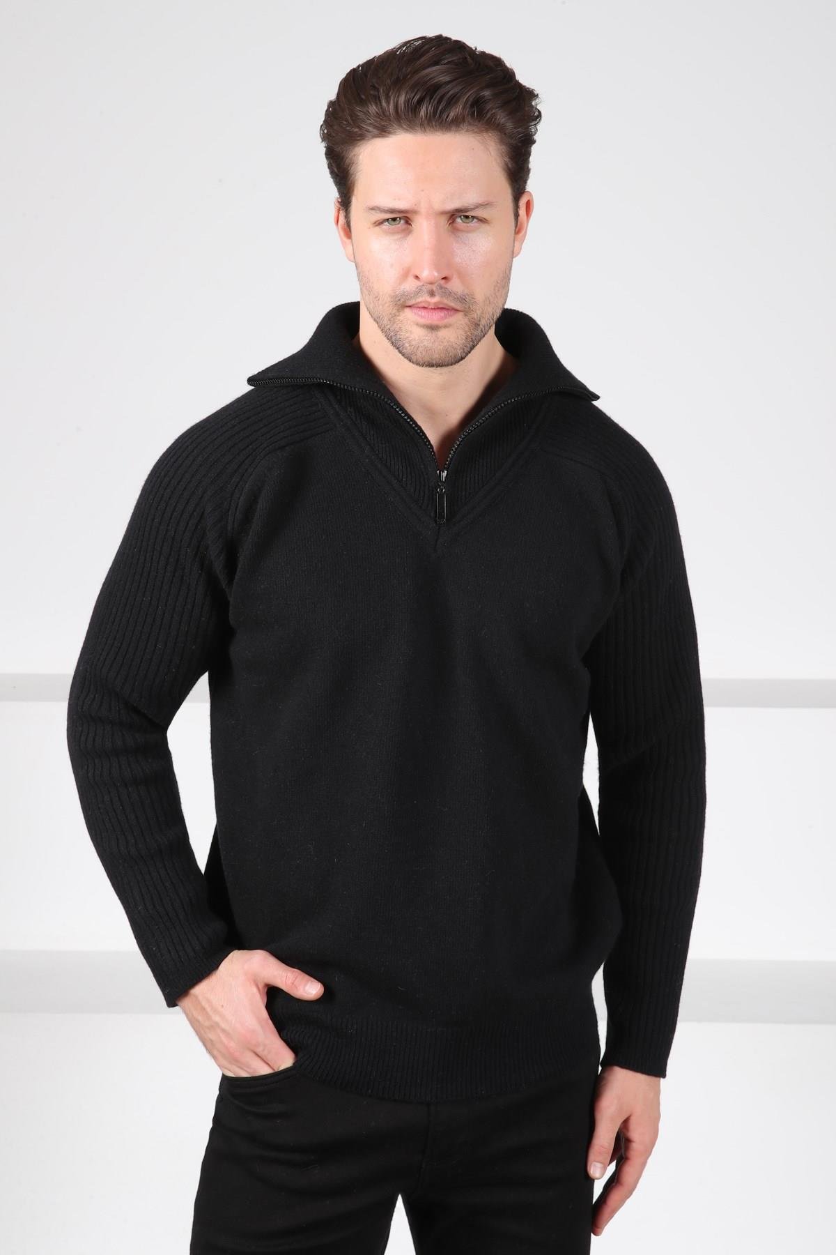Ferraro Siyah Balıkçı Yaka Fermuarlı Kolları Fitilli Uzun Kollu Kuzu Yünü Karışımlı Erkek Triko Kazak