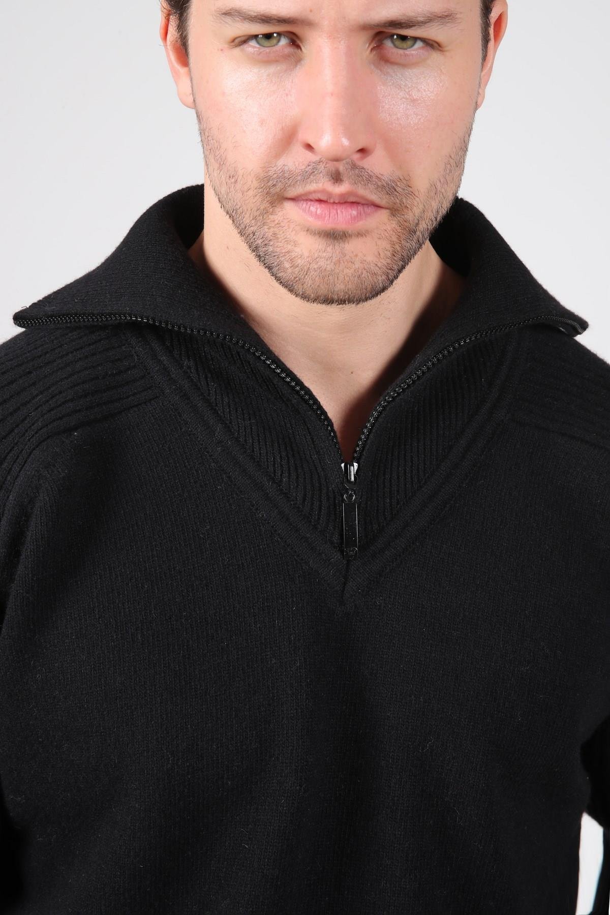 Ferraro Siyah Balıkçı Yaka Fermuarlı Kolları Fitilli Uzun Kollu Kuzu Yünü Karışımlı Erkek Triko Kazak