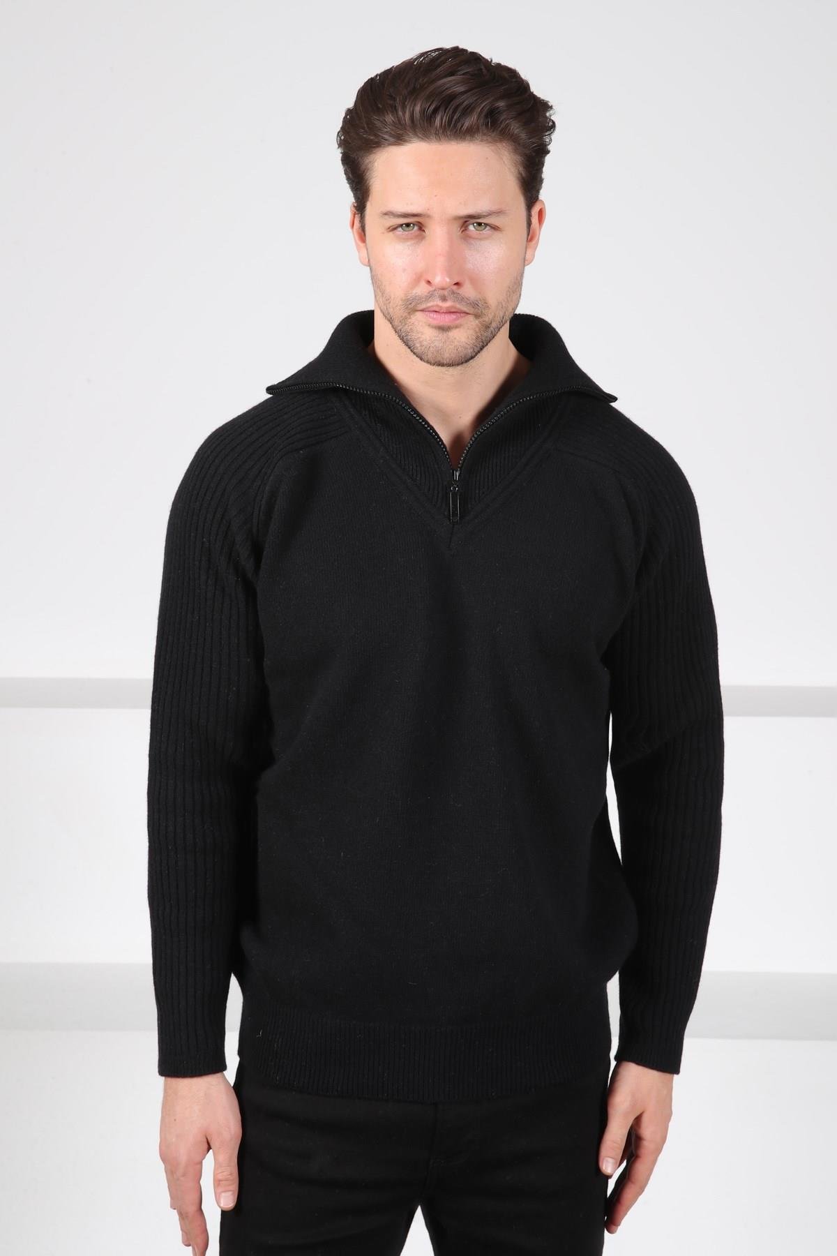 Ferraro Siyah Balıkçı Yaka Fermuarlı Kolları Fitilli Uzun Kollu Kuzu Yünü Karışımlı Erkek Triko Kazak