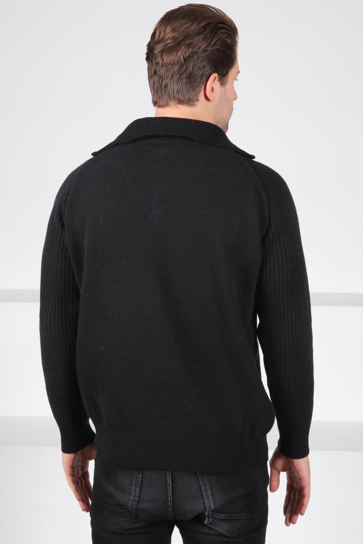 Ferraro Siyah Balıkçı Yaka Fermuarlı Kolları Fitilli Uzun Kollu Kuzu Yünü Karışımlı Erkek Triko Kazak