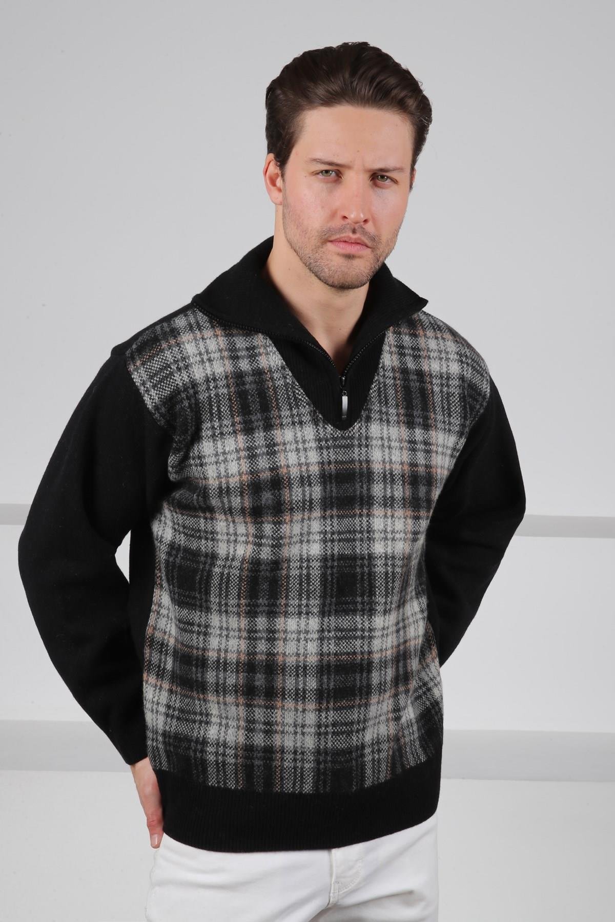 Ferraro Siyah Balıkçı Yaka Fermuarlı Önü Çizgi Detaylı Uzun Kollu Kuzu Yünü Karışımlı Erkek Triko Kazak