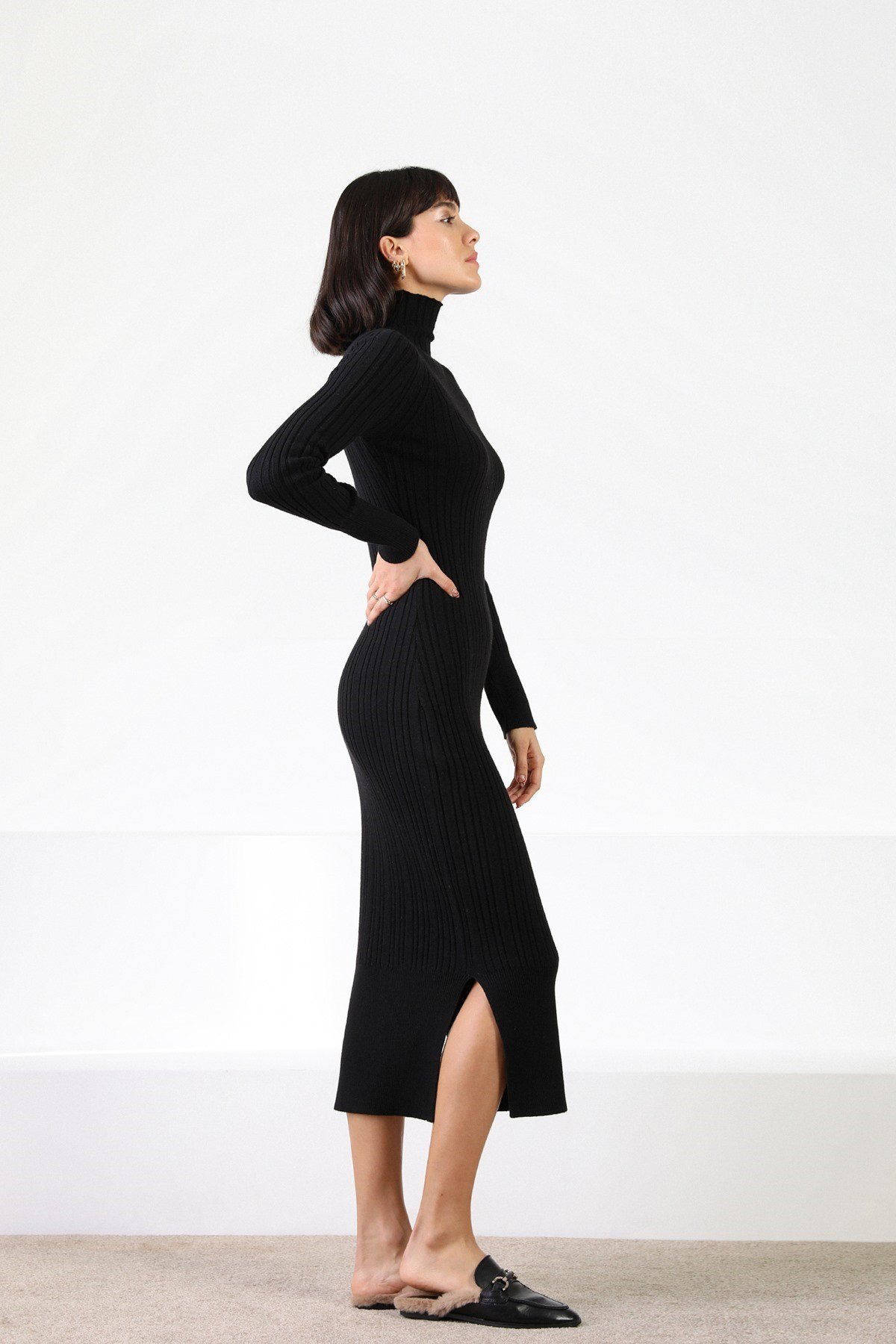 Ferraro Siyah Balıkçı Yaka Kaşmirli Kadın Triko Elbise