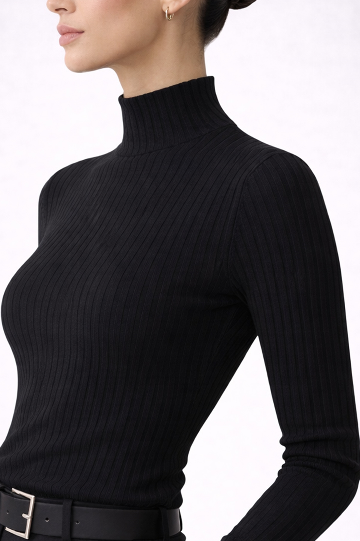 Ferraro Siyah Balıkçı Yaka Super İnce Organik Pamuk Kadın Triko Kazak