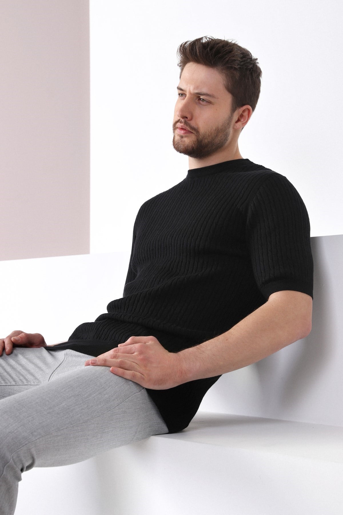 Ferraro Siyah Bisiklet Yaka Erkek Pamuk Triko T-Shirt